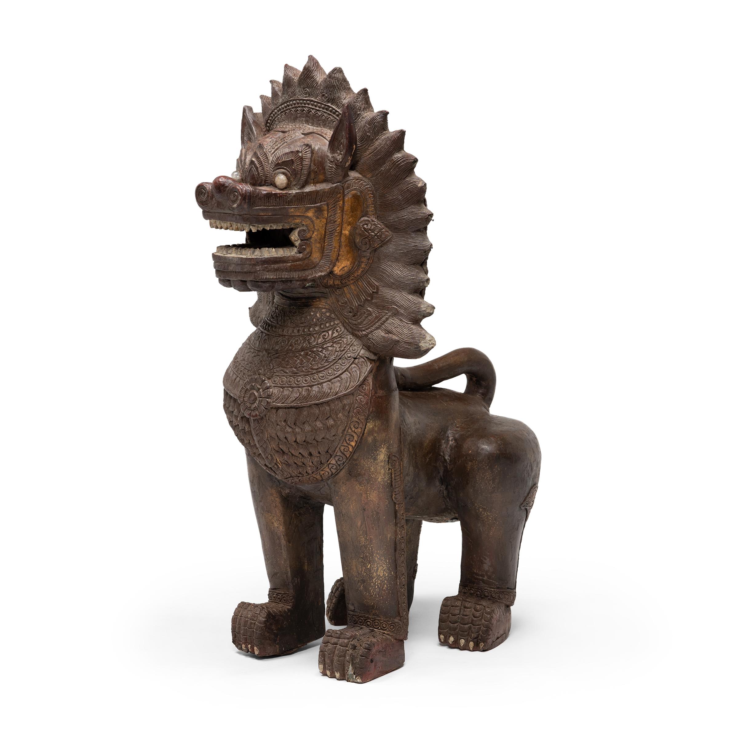 Pair of Polychrome Khmer Guardian Lions, c. 1850 For Sale 8