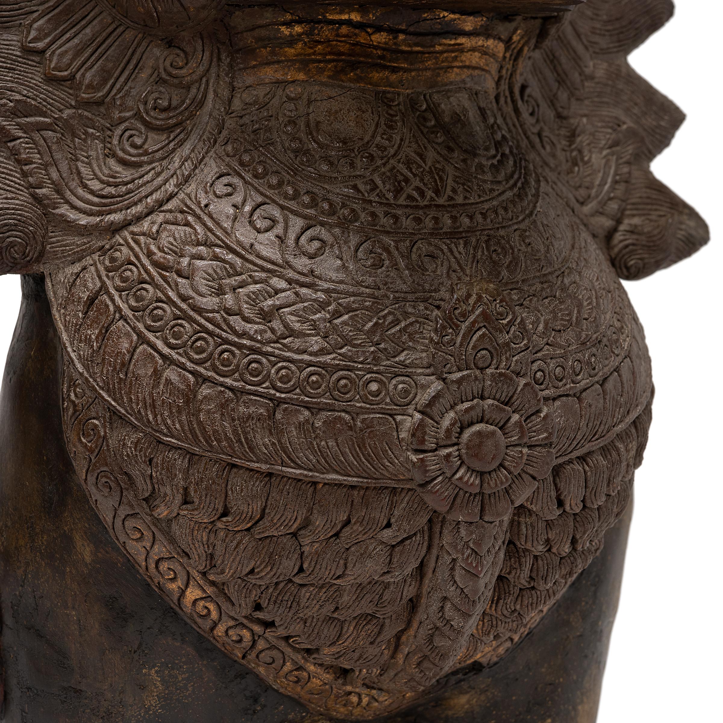 Chinese Export Pair of Polychrome Khmer Guardian Lions, c. 1850 For Sale