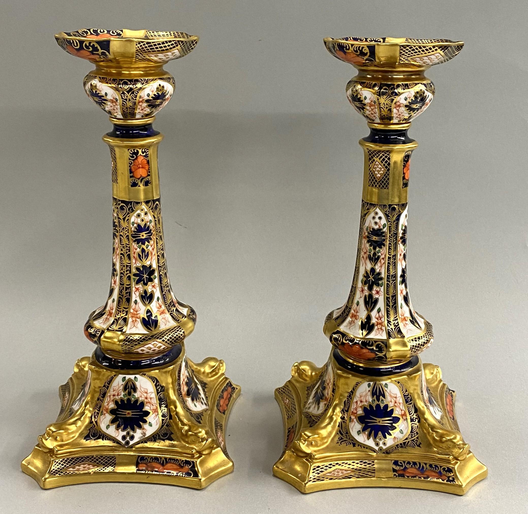 English Pair of Polychrome Old Imari Royal Crown Derby Porcelain Dolphin Candlesticks For Sale