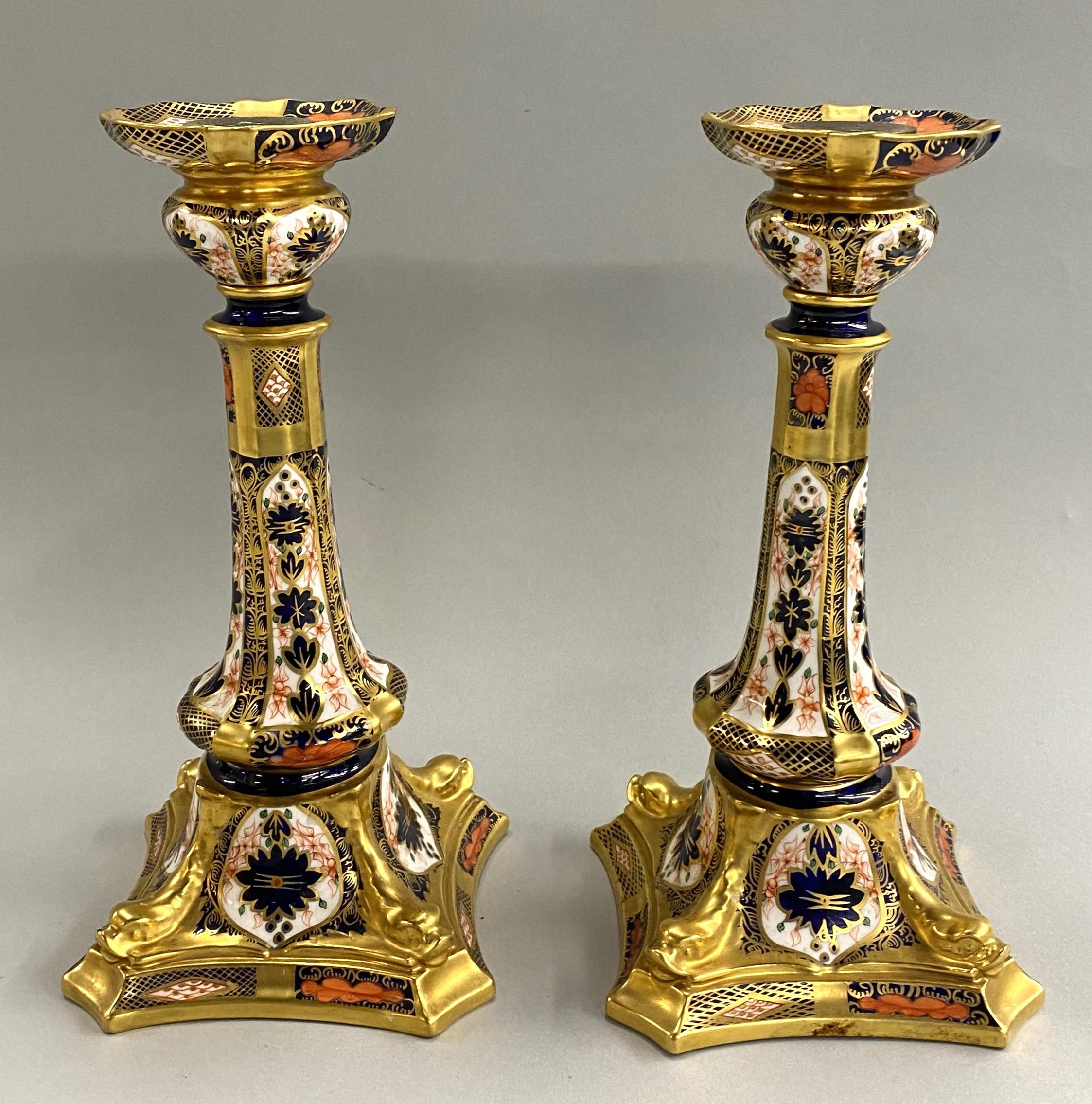 Gilt Pair of Polychrome Old Imari Royal Crown Derby Porcelain Dolphin Candlesticks For Sale