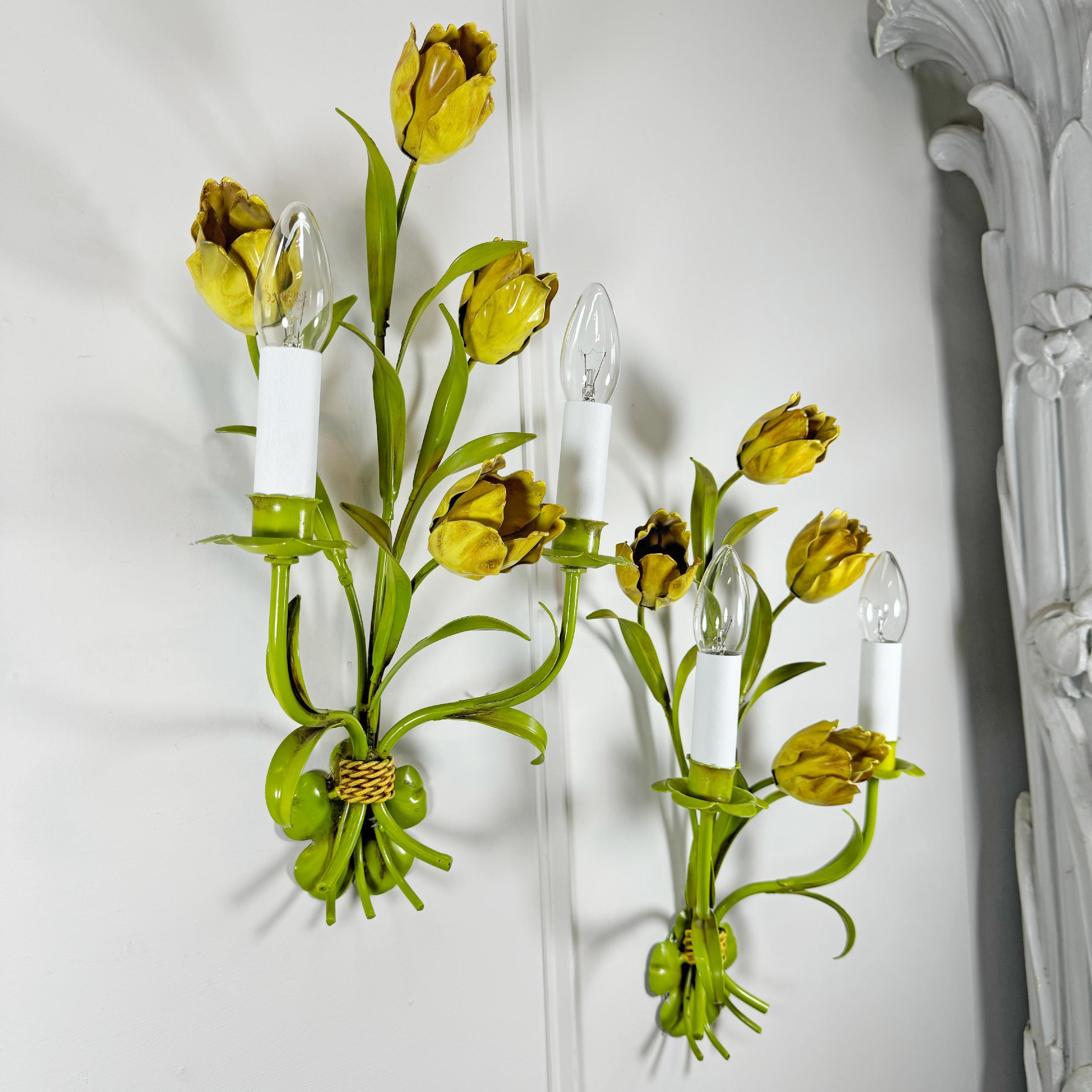 Pair of Polychrome Painted Tulip Tole Wall Lights For Sale 2