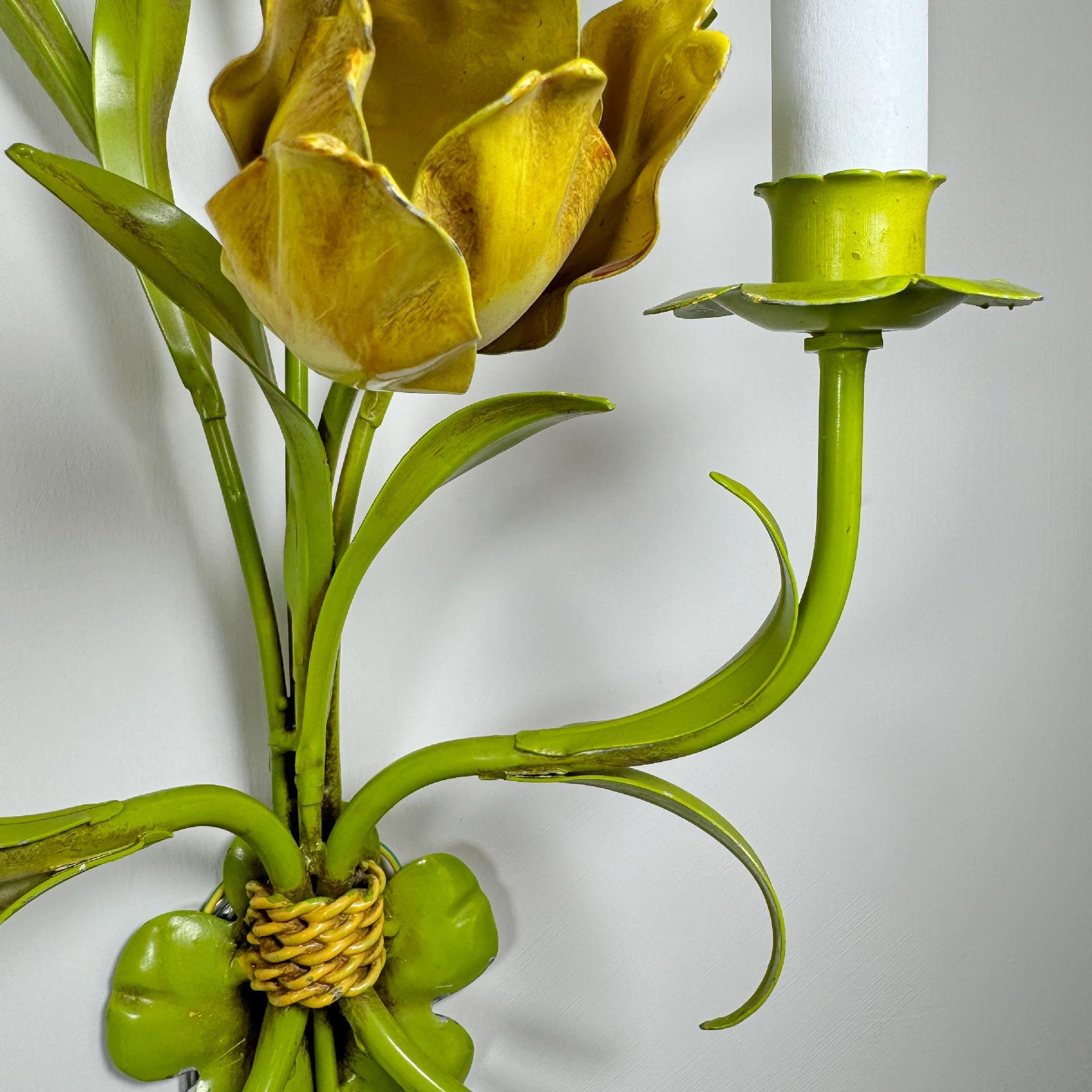 Pair of Polychrome Painted Tulip Tole Wall Lights For Sale 4