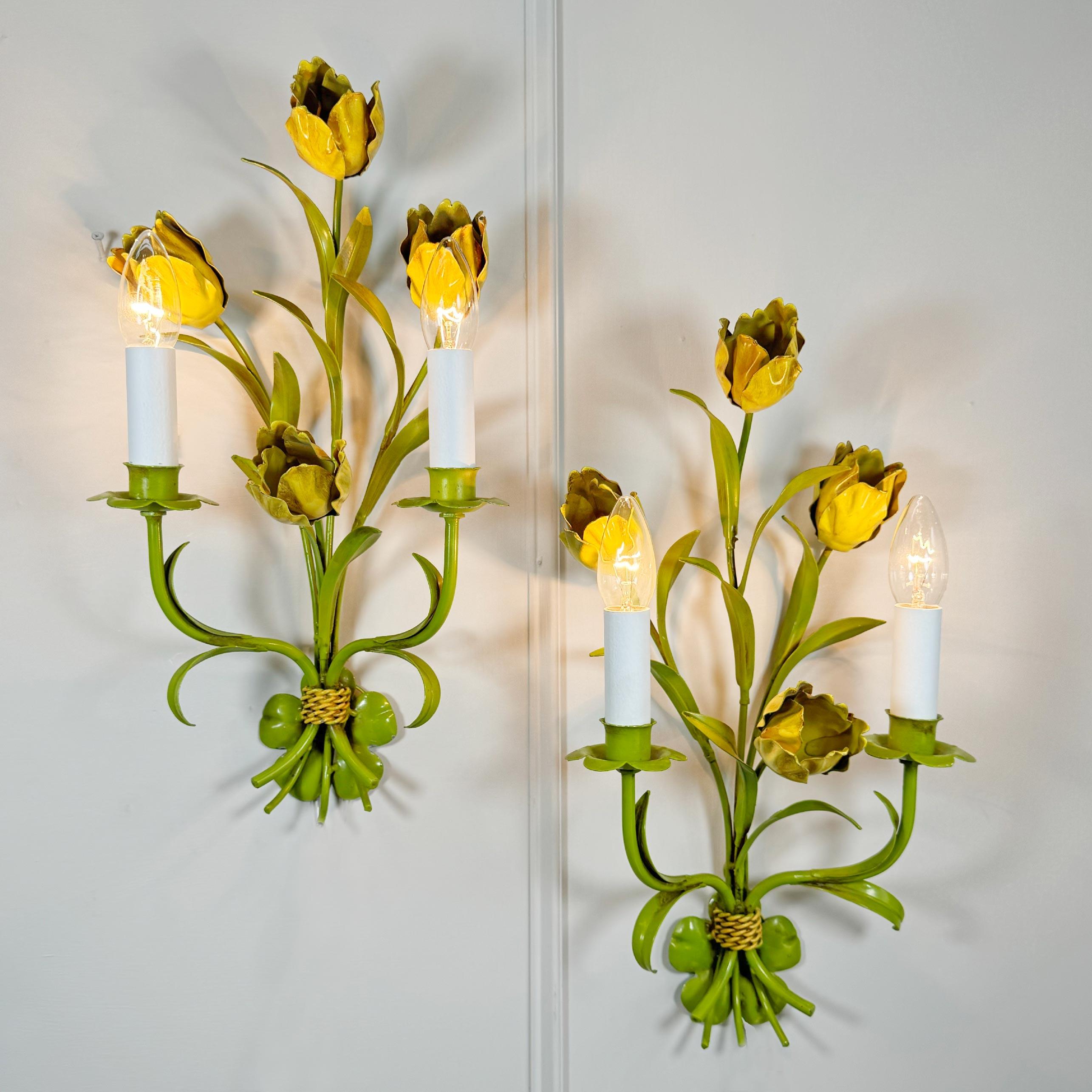 Pair of Polychrome Painted Tulip Tole Wall Lights For Sale 5