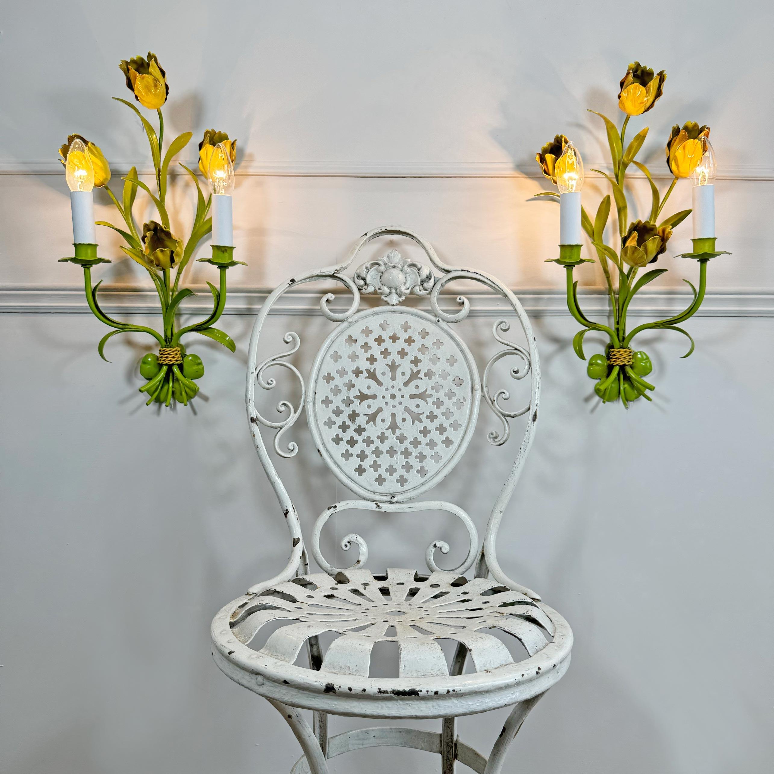 French Pair of Polychrome Painted Tulip Tole Wall Lights For Sale