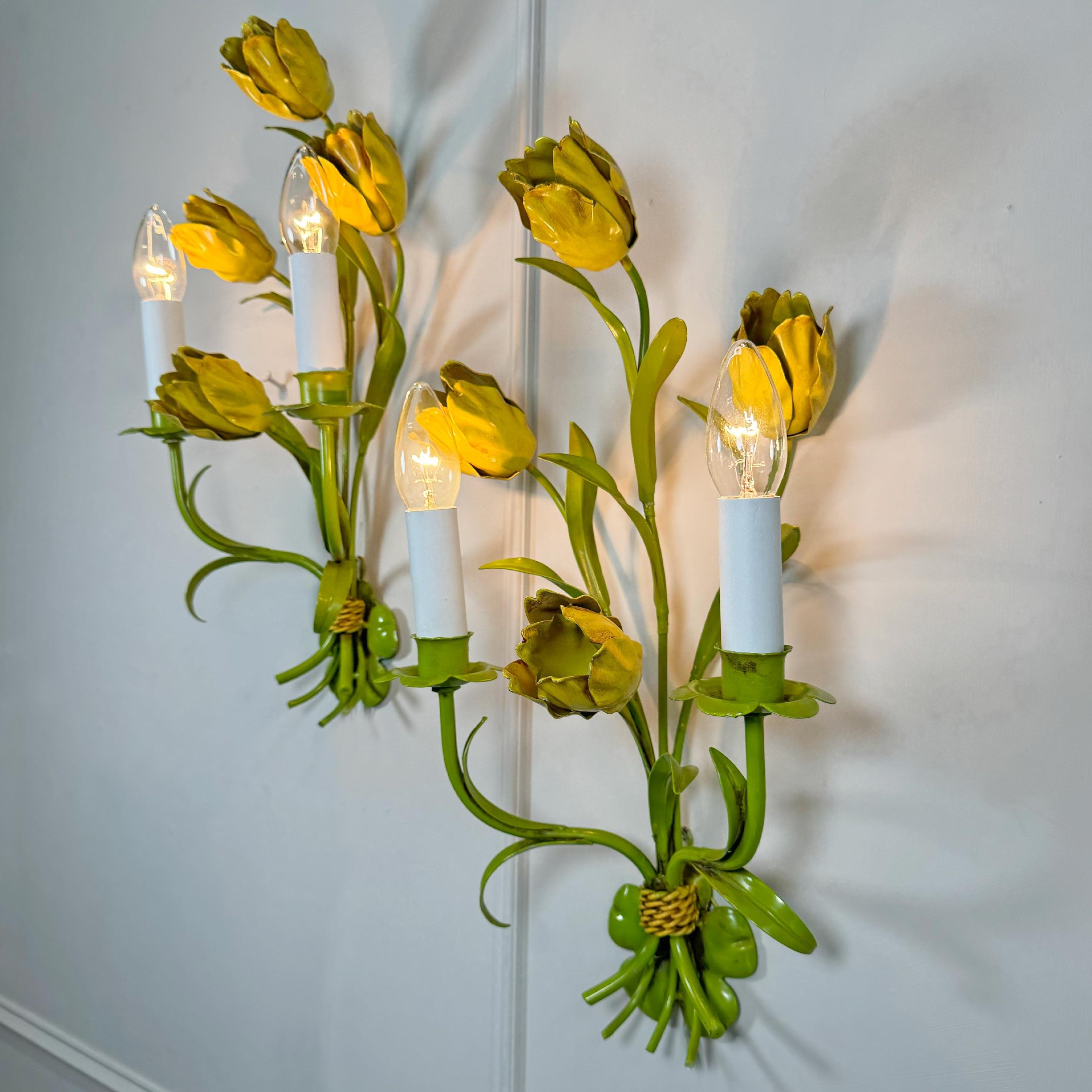 Hand-Painted Pair of Polychrome Painted Tulip Tole Wall Lights For Sale