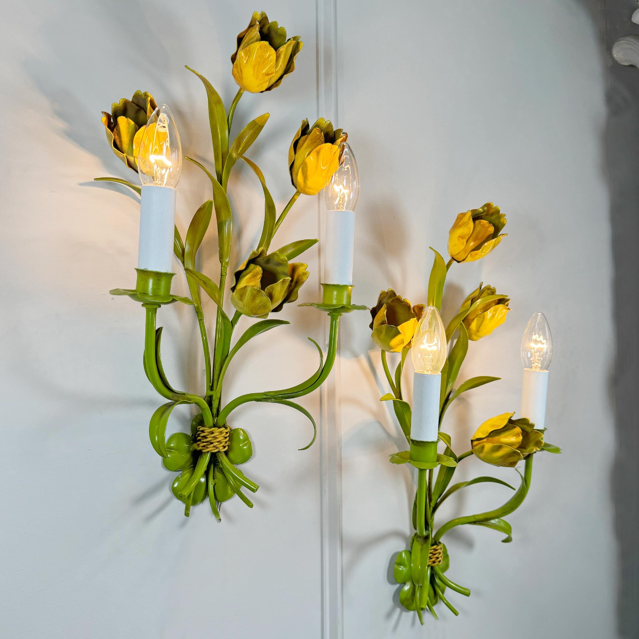 Metal Pair of Polychrome Painted Tulip Tole Wall Lights For Sale