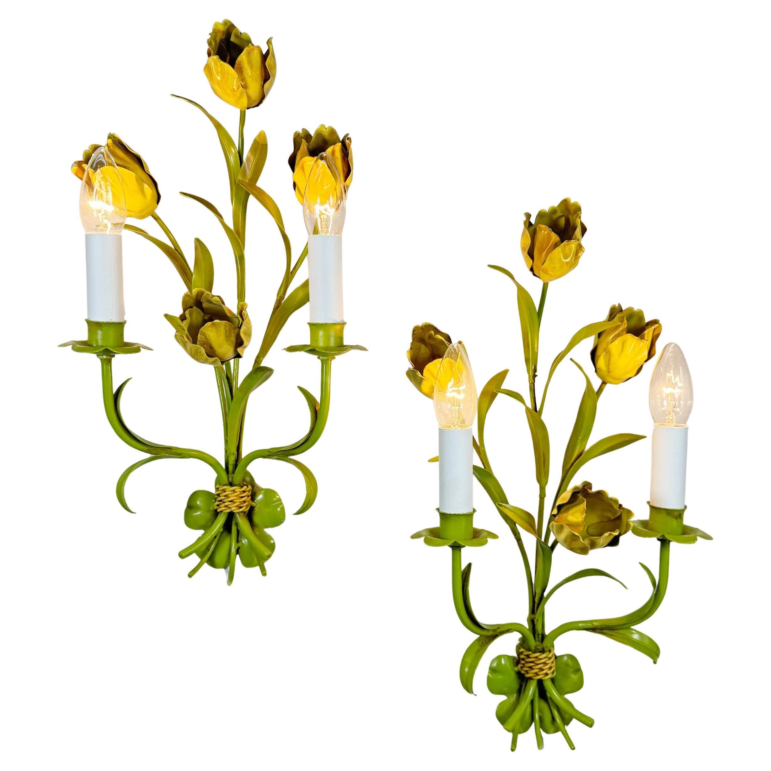 Pair of Polychrome Painted Tulip Tole Wall Lights For Sale
