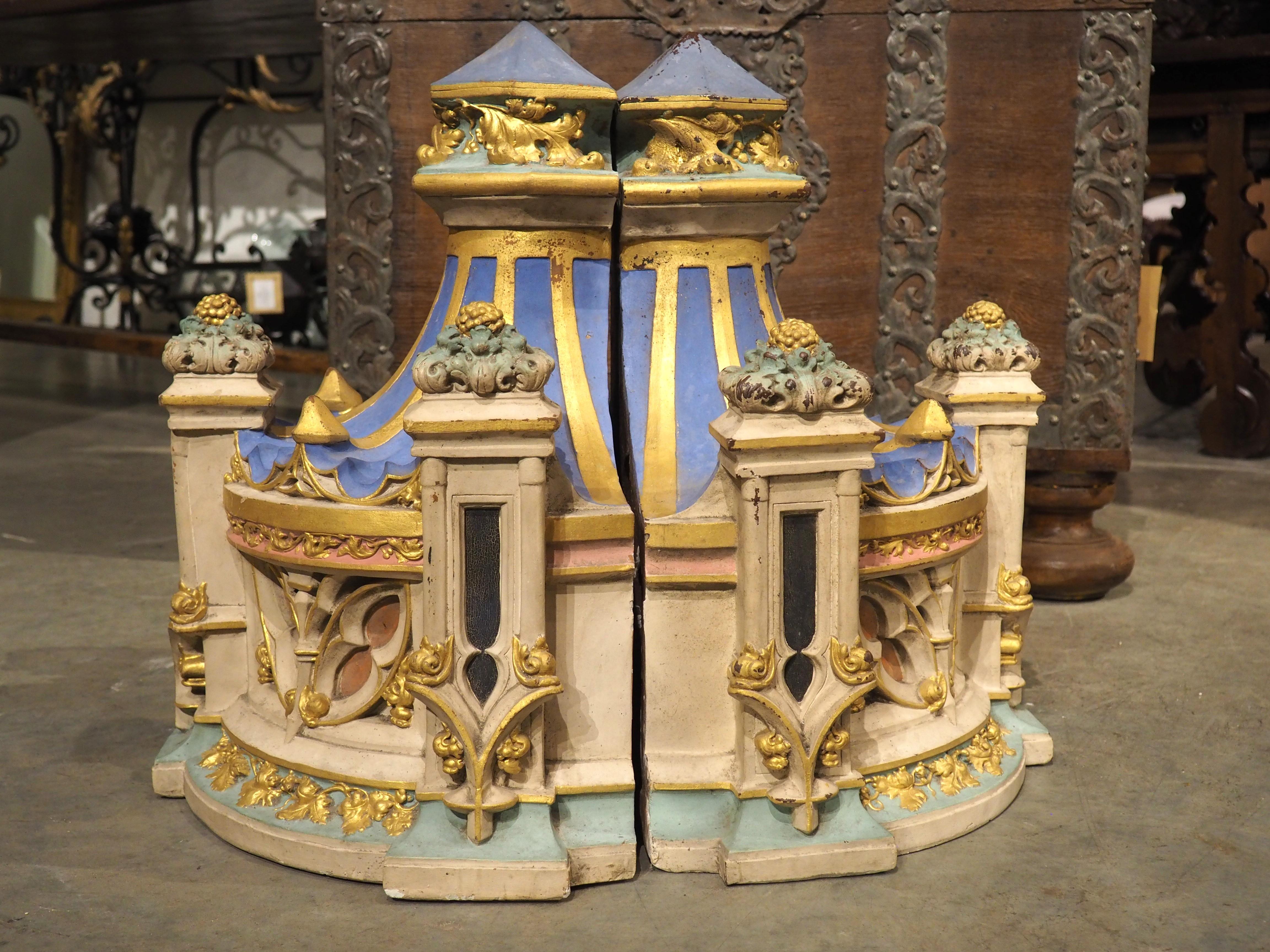 Recently discovered in a secluded private chapel nestled within the enchanting Loire Valley in central France, this remarkable pair of mid-19th century polychrome terra cotta architecturals or wall consoles were made in the Gothic-style marquees.