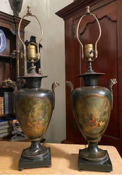 Pair of Polychrome Tole Lamps with Scenes of Pheasants and Chickens