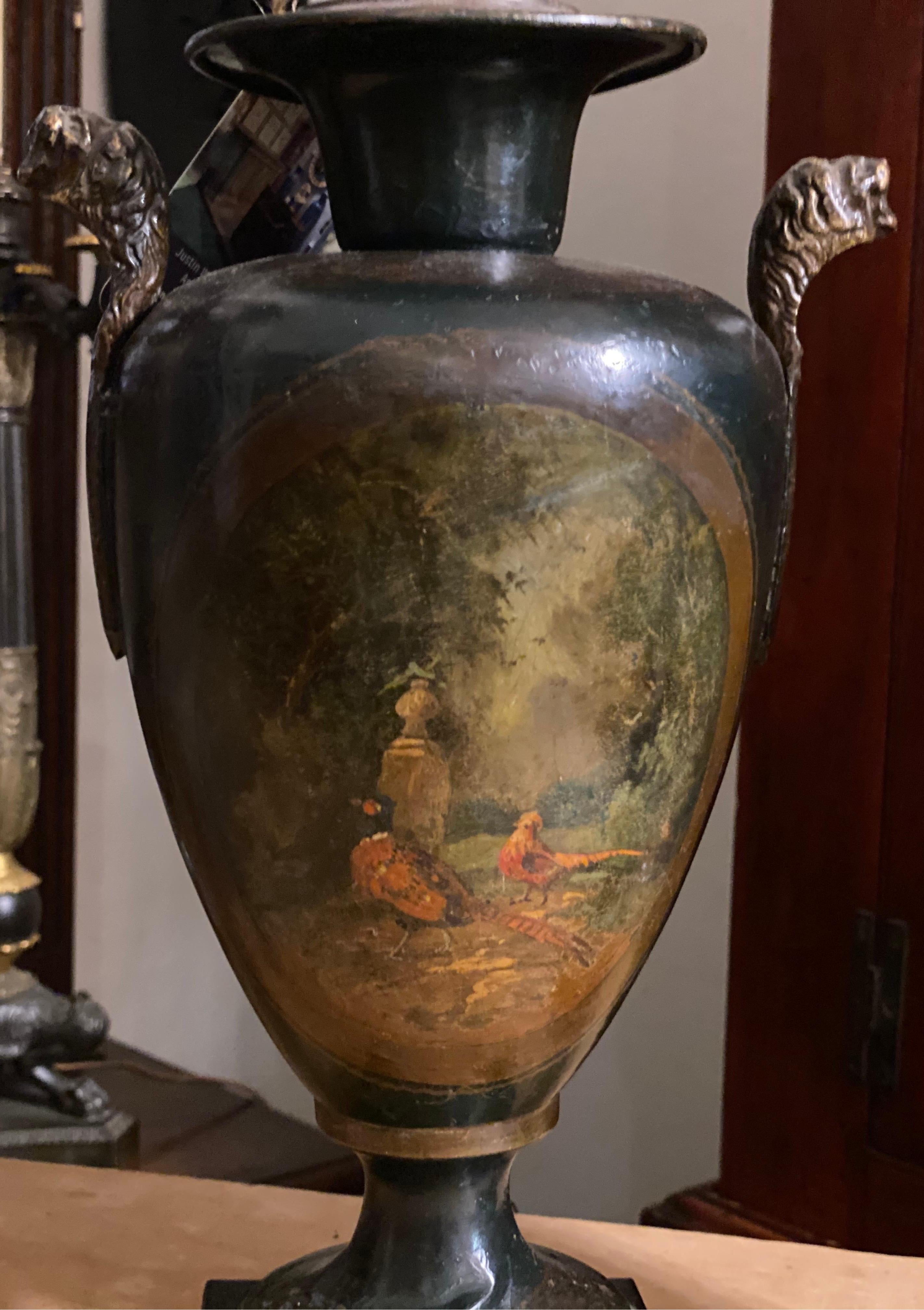 Pair of Polychrome Tole Lamps with Scenes of Pheasants and Chickens In Good Condition In Charleston, SC