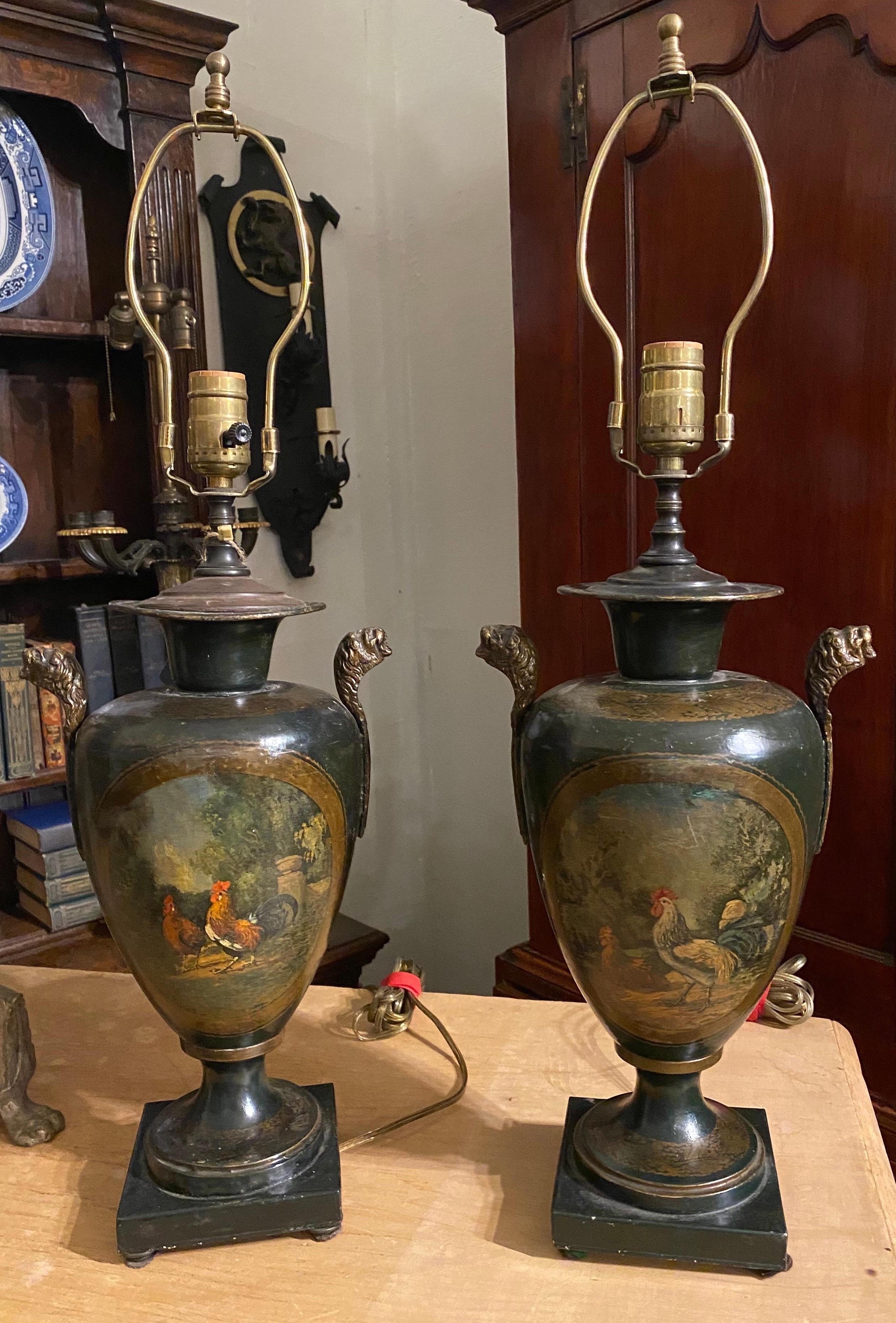 Metal Pair of Polychrome Tole Lamps with Scenes of Pheasants and Chickens
