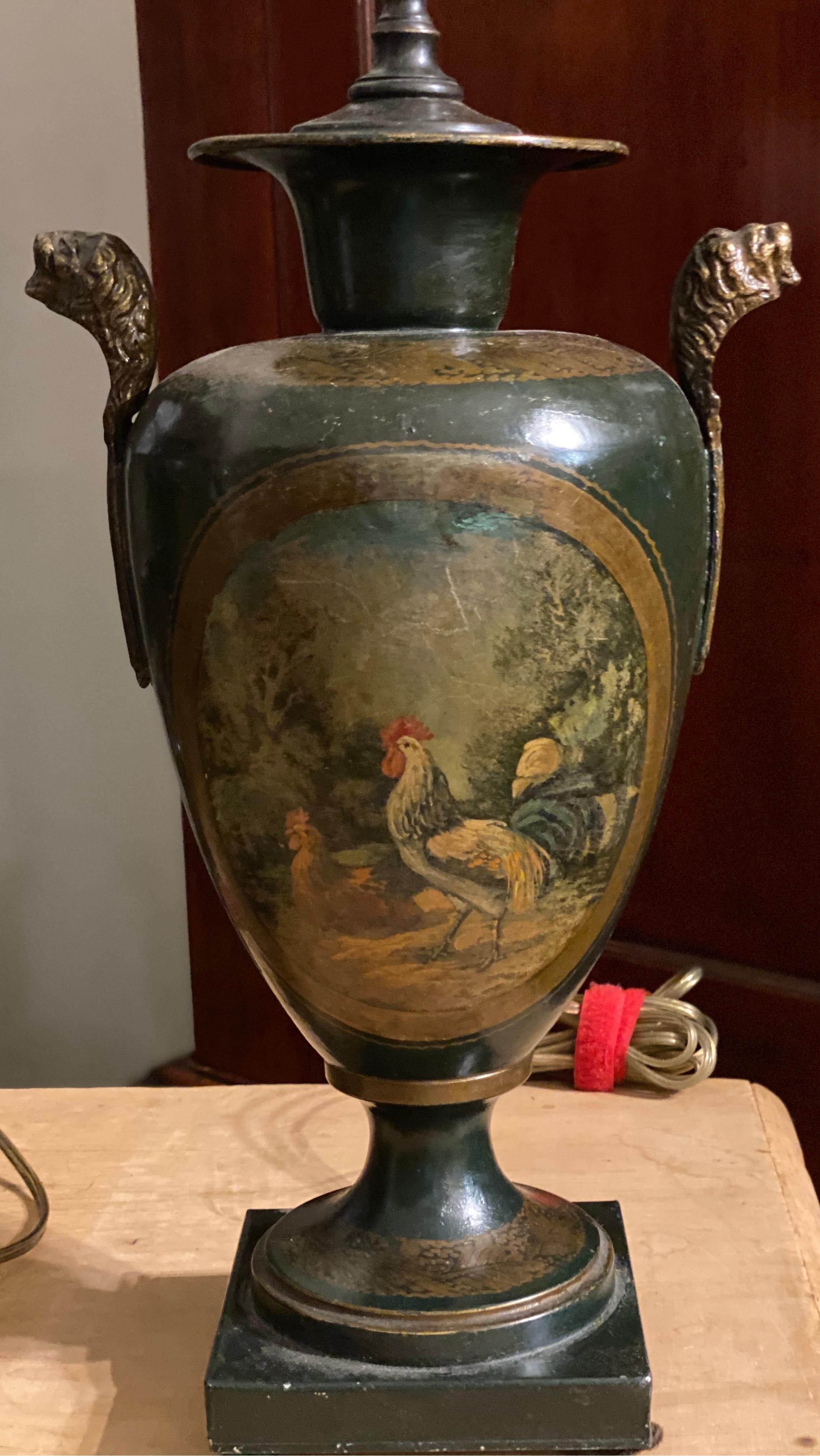 Pair of Polychrome Tole Lamps with Scenes of Pheasants and Chickens 1