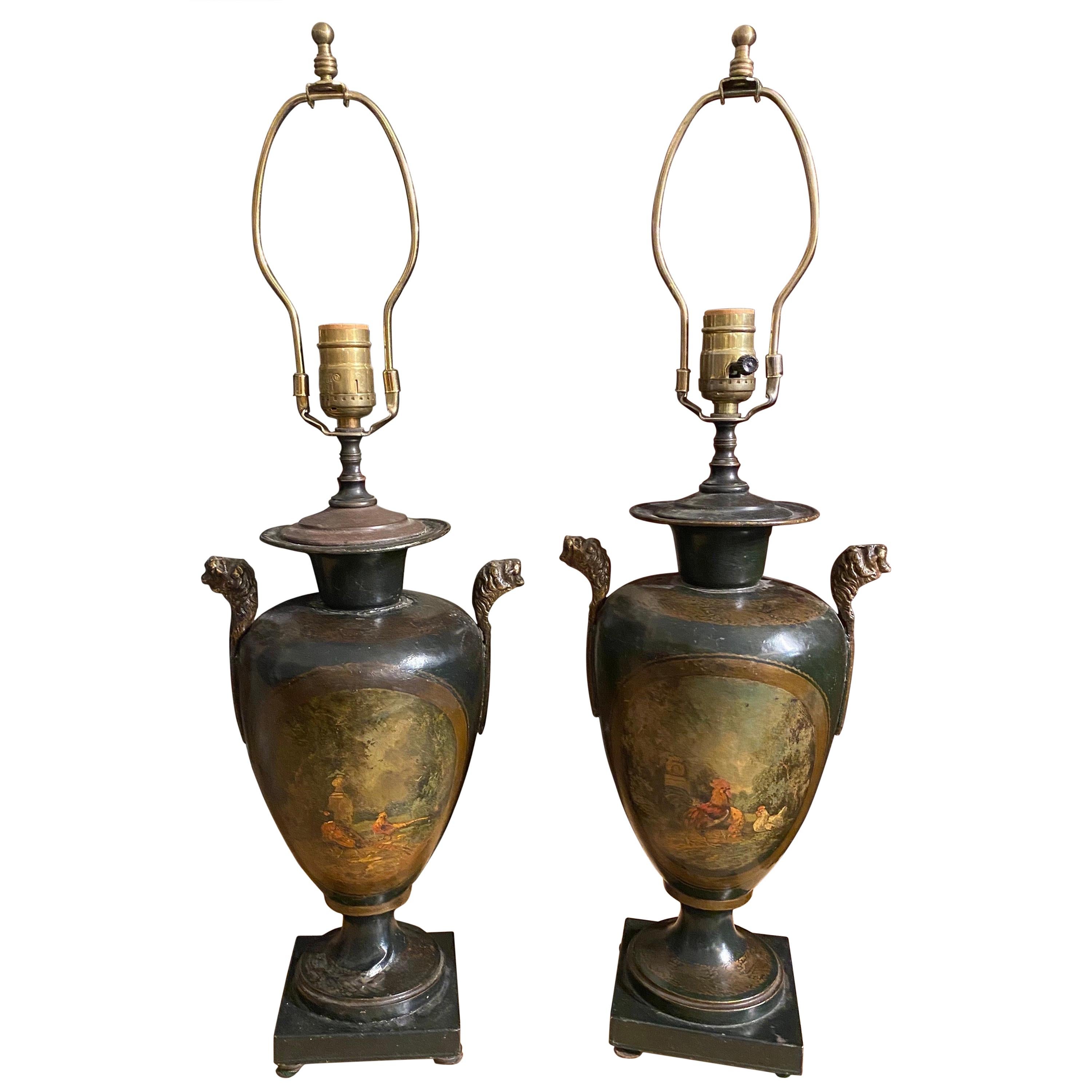 Pair of Polychrome Tole Lamps with Scenes of Pheasants and Chickens