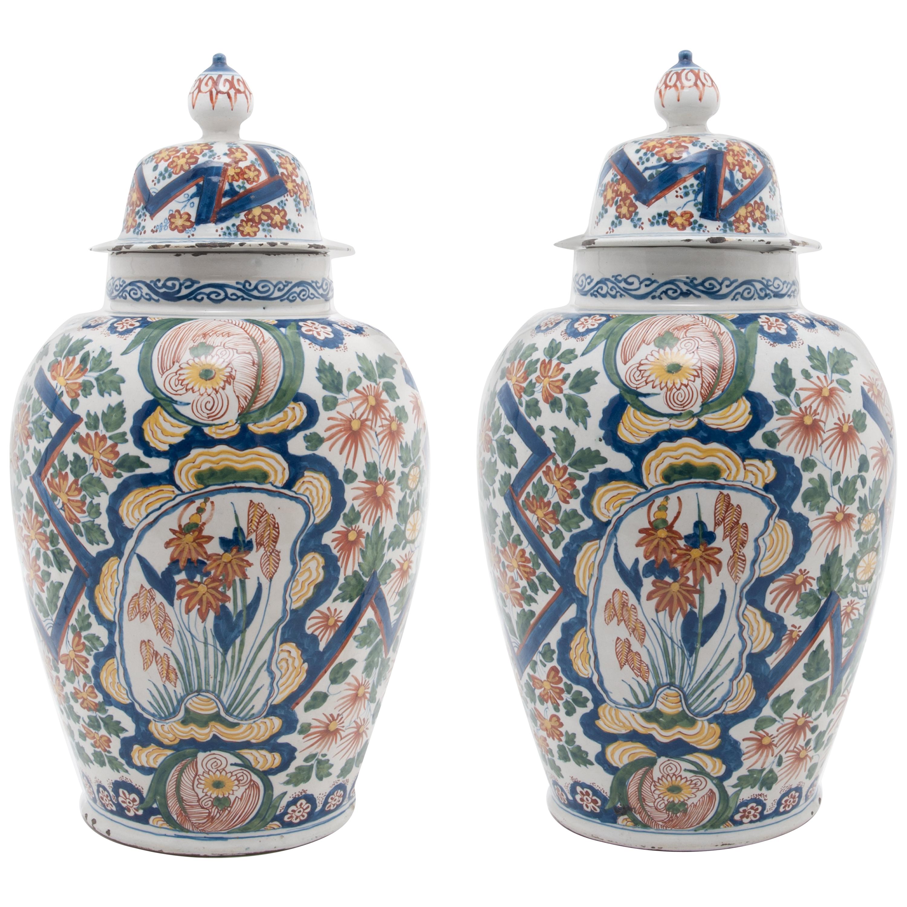 Pair of Polychrome Vases in Dutch Delftware For Sale