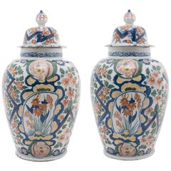 Antique Pair of Polychrome Vases in Dutch Delftware