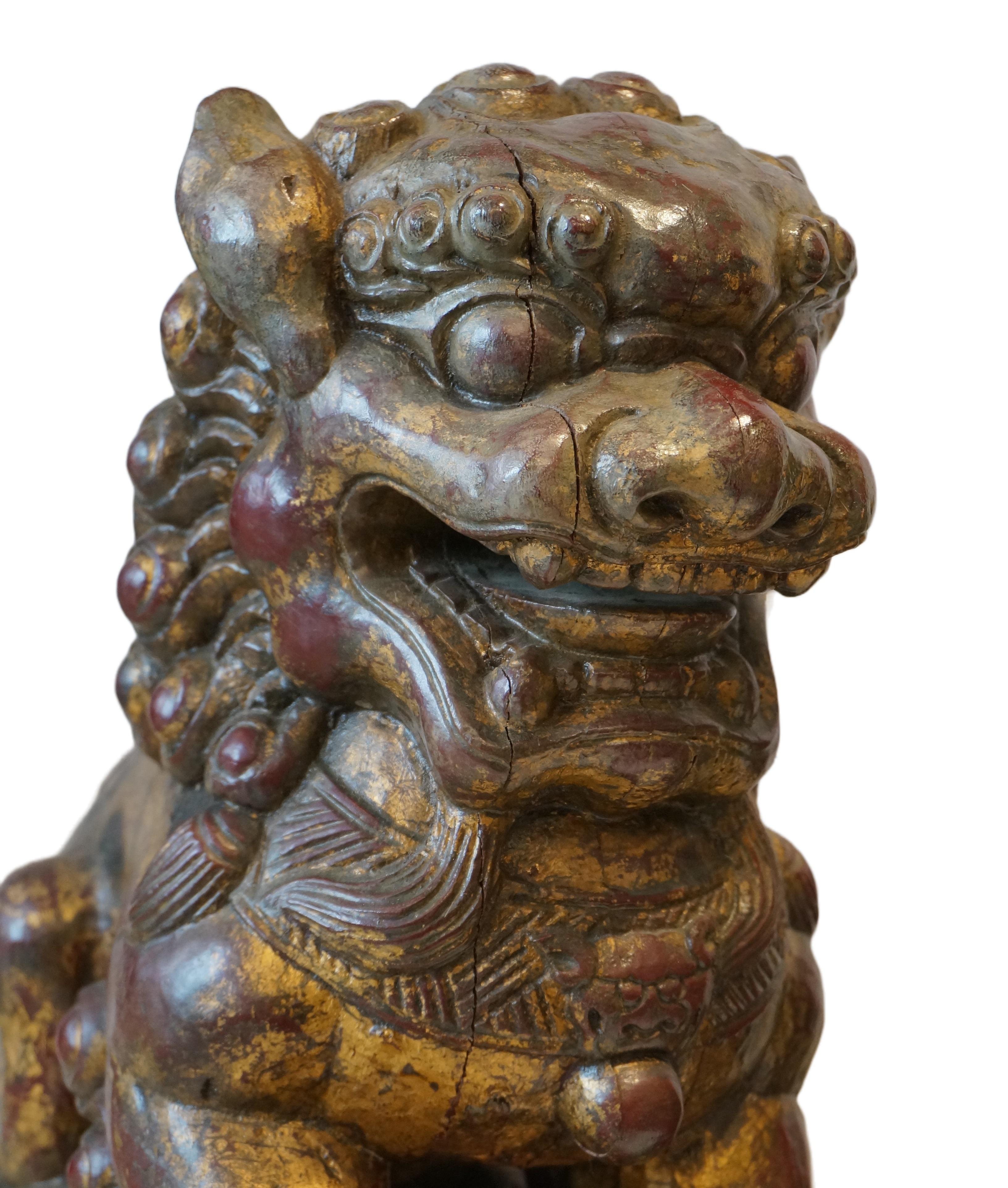 Pair of polychrome wooden Foodogs, Qilin, China 19th century 4