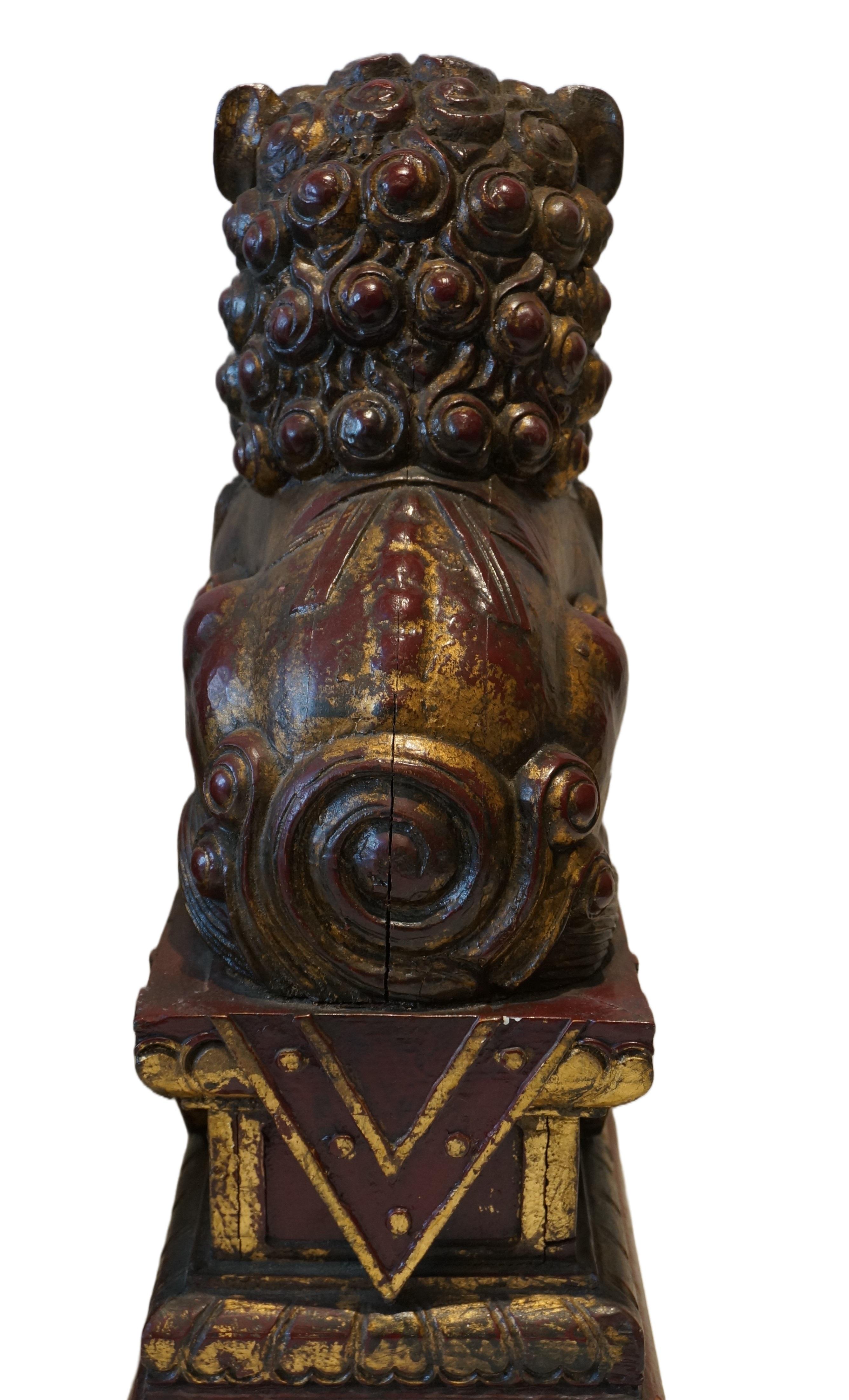 Pair of polychrome wooden Foodogs, Qilin, China 19th century 6