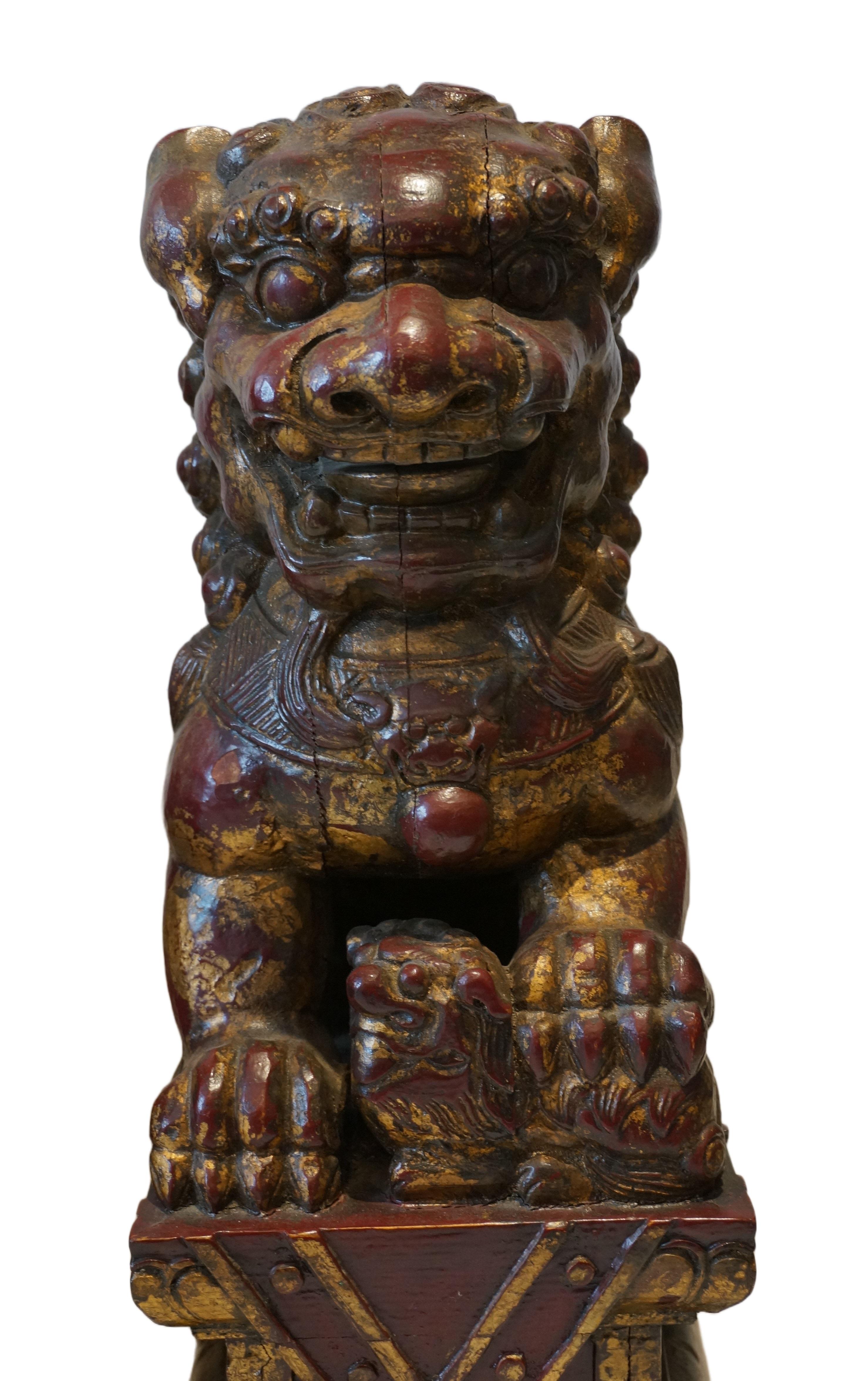 Pair of polychrome wooden Foodogs, Qilin, China 19th century In Good Condition In Gorssel, GE
