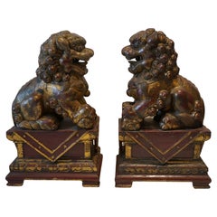 Antique Pair of polychrome wooden Foodogs, Qilin, China 19th century