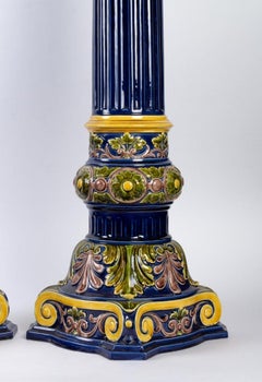 Pair of Polychromed Blue Earthenware Columns End xix