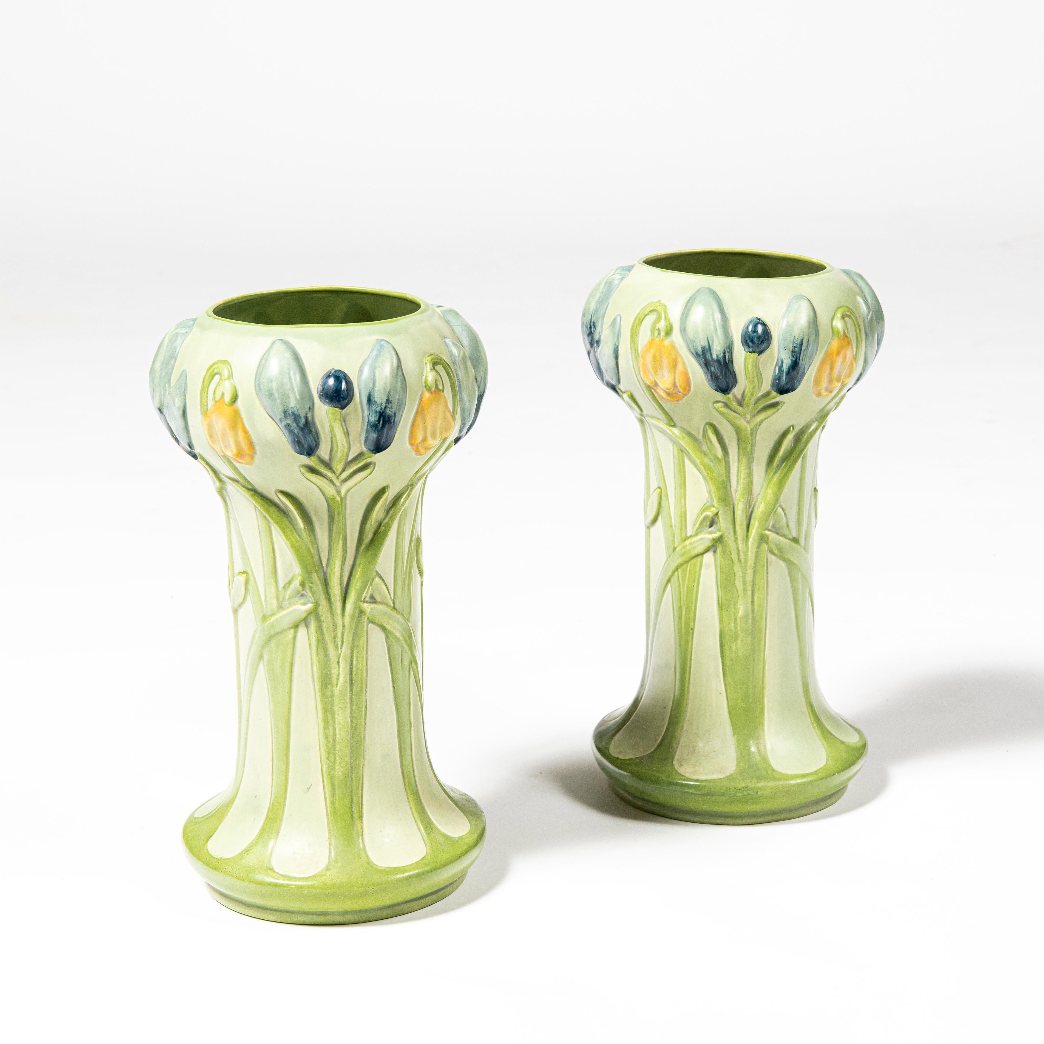 Pair of polychromed ceramic vase by Julius Dressler, Austria, early 20th century.
 