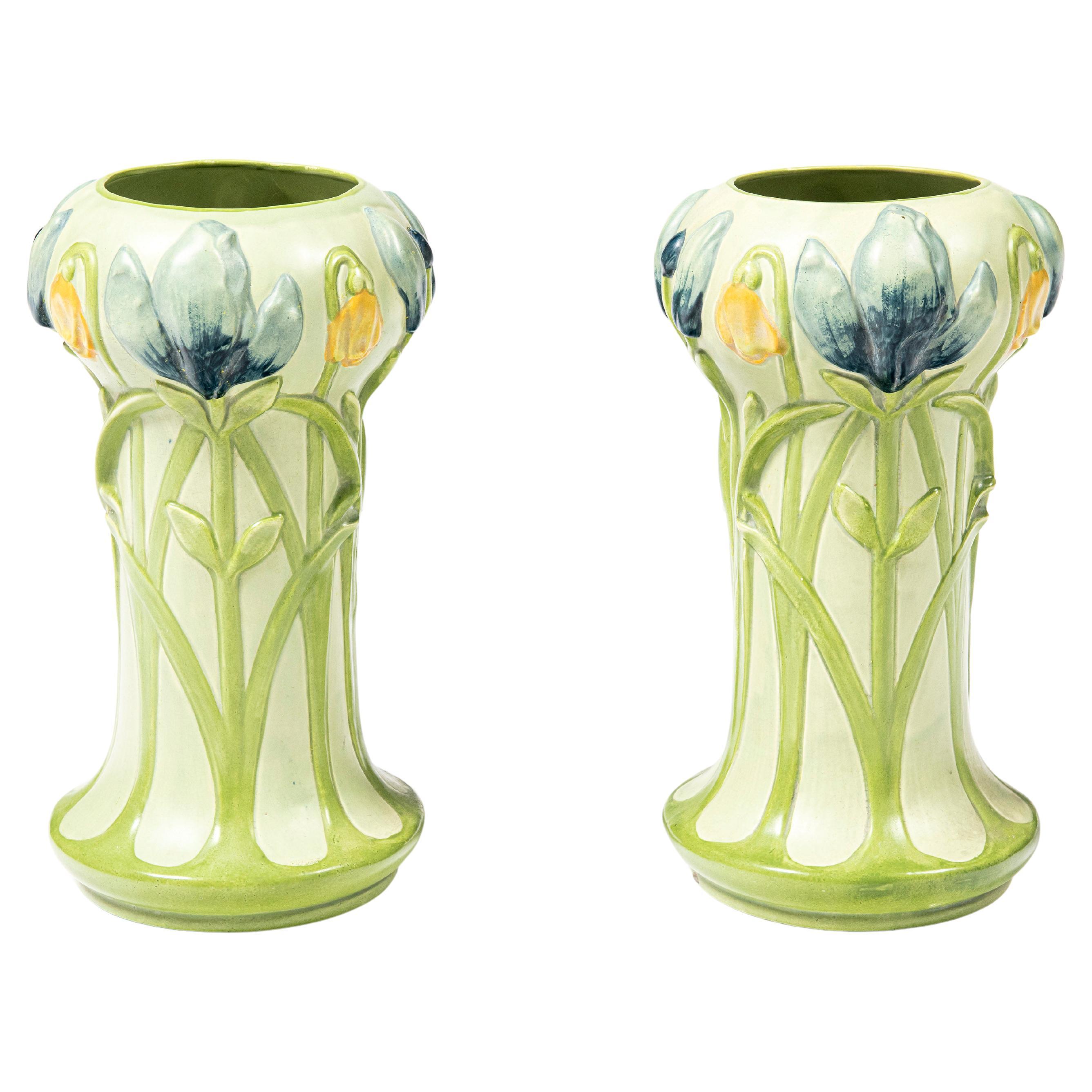 Pair of Polychromed Ceramic Vase by Julius Dressler, Austria, Early 20th Century For Sale