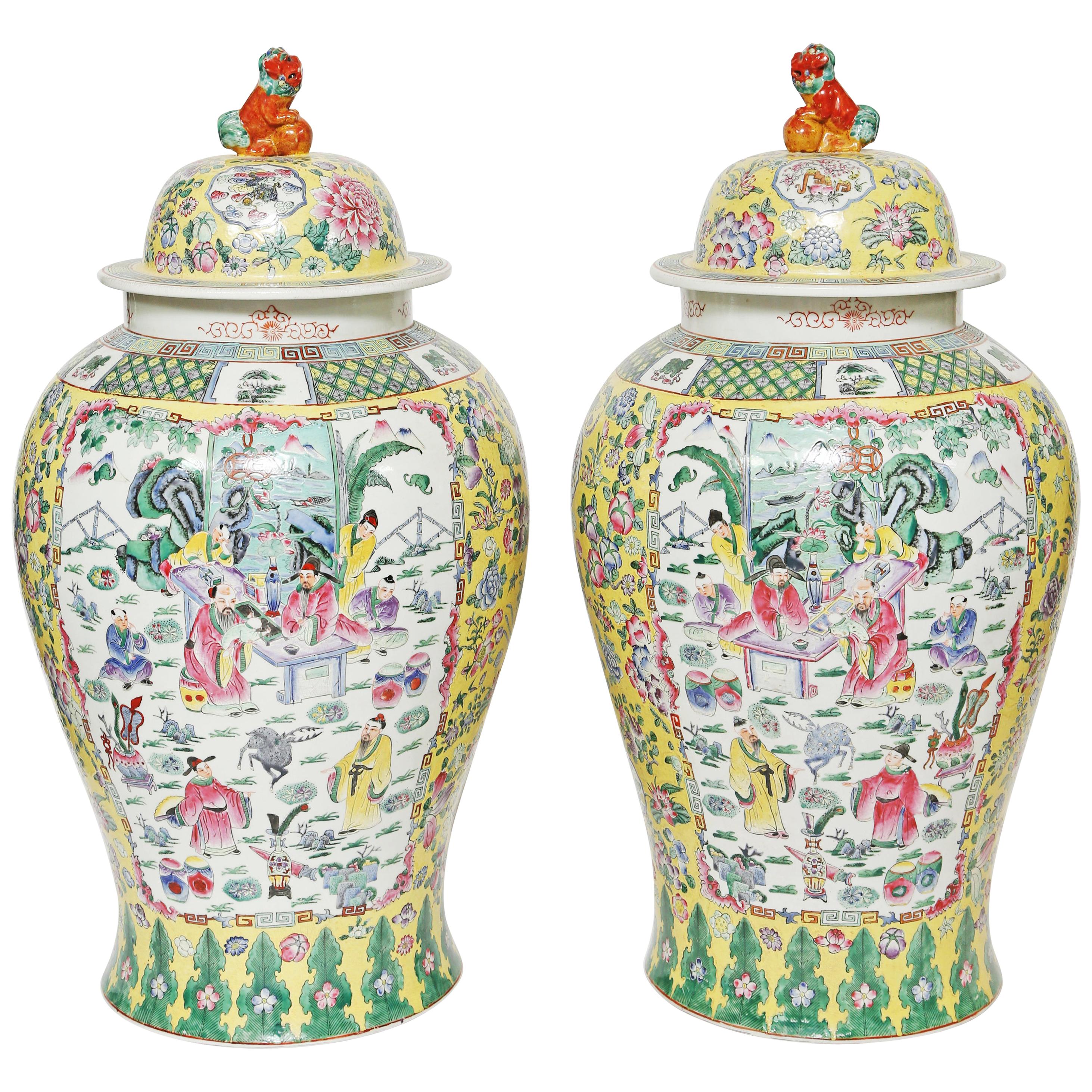  Pair of Chinese Polychromed Porcelain Temple Jars with Covers-30 1/2" Tall