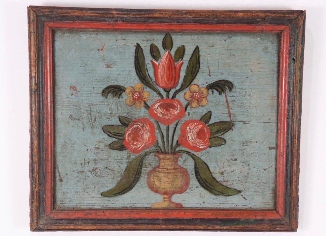 This beautiful pair of wood-painted panels is likely from the 1800s. They showcase the charm and artistry of folk art at that time.

They are a great size, which makes them easy to work with in most applications. 

Dimensions: 14
