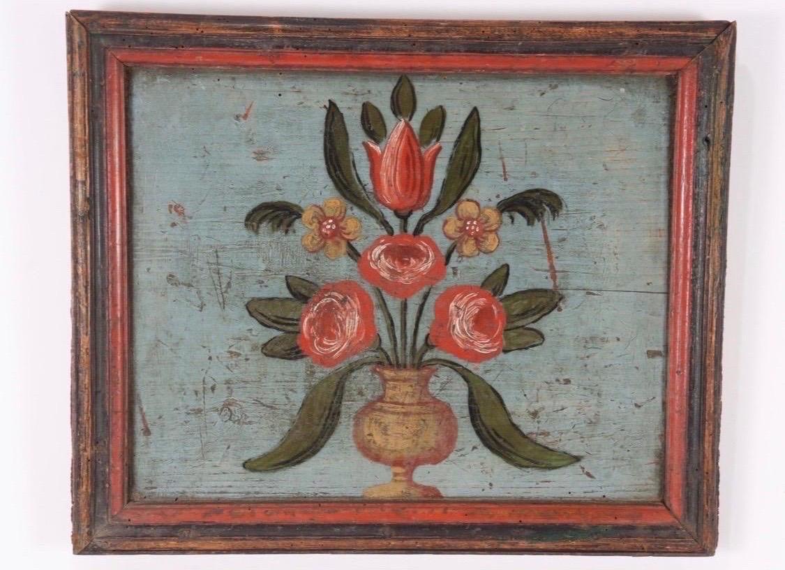 Folk Art Pair of Polychromed Framed Wood Panels with Flower Filled Urns Boiserie Panels For Sale
