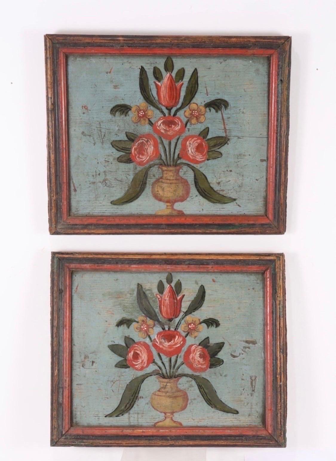 Dutch Pair of Polychromed Framed Wood Panels with Flower Filled Urns Boiserie Panels For Sale