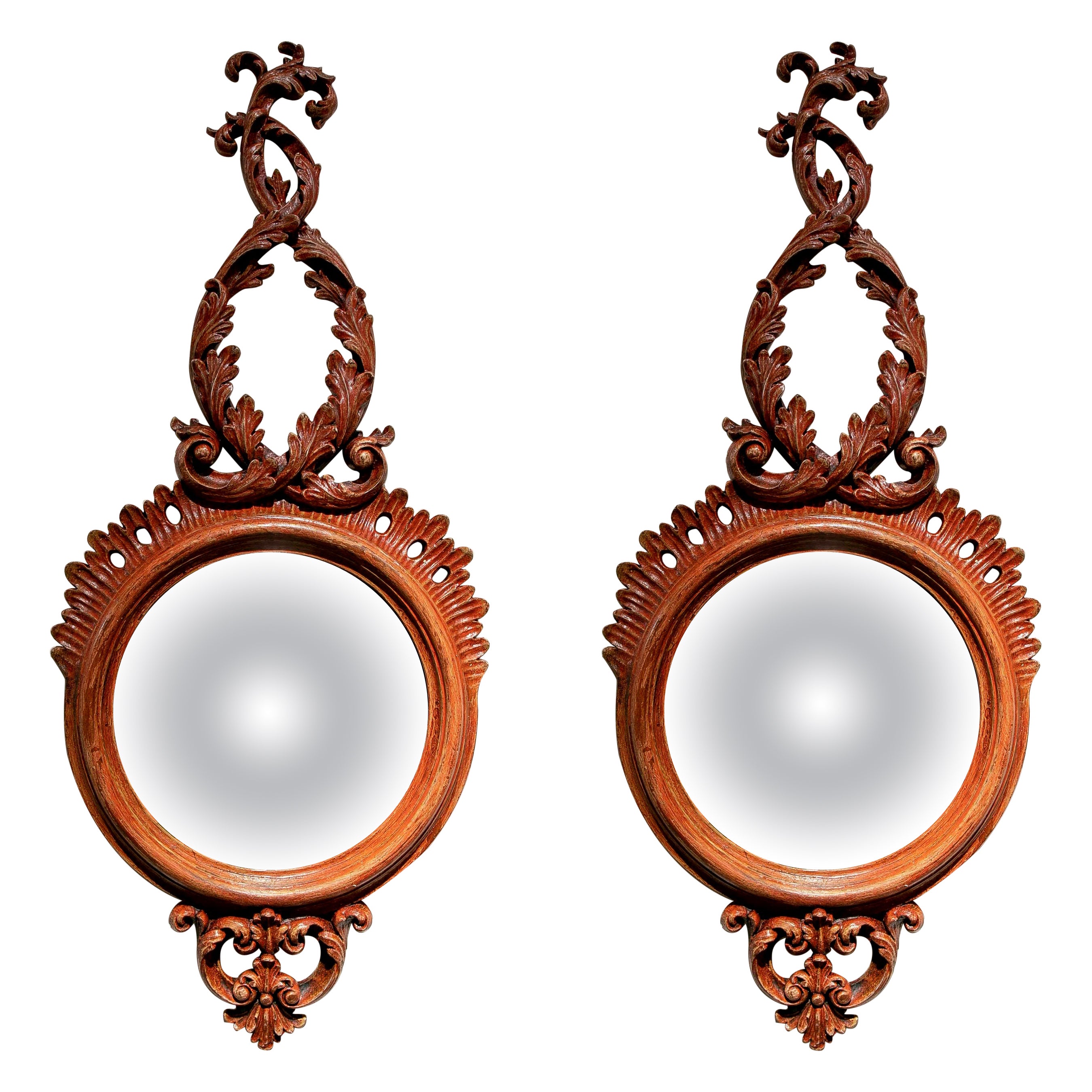 Pair of Polychromed Rounds Wall Mirrors in Shades of Red For Sale
