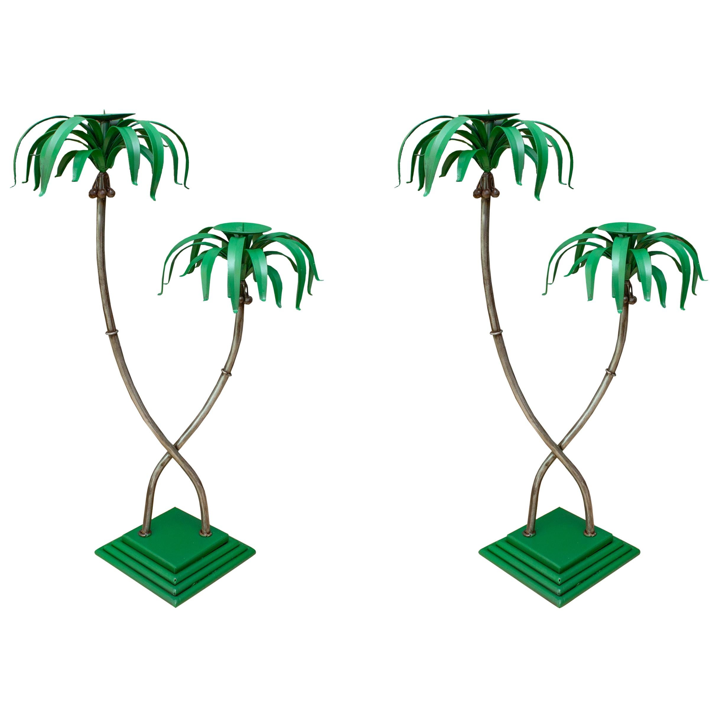 Pair of Polychromed Whimsical Palm Tree Candlesticks