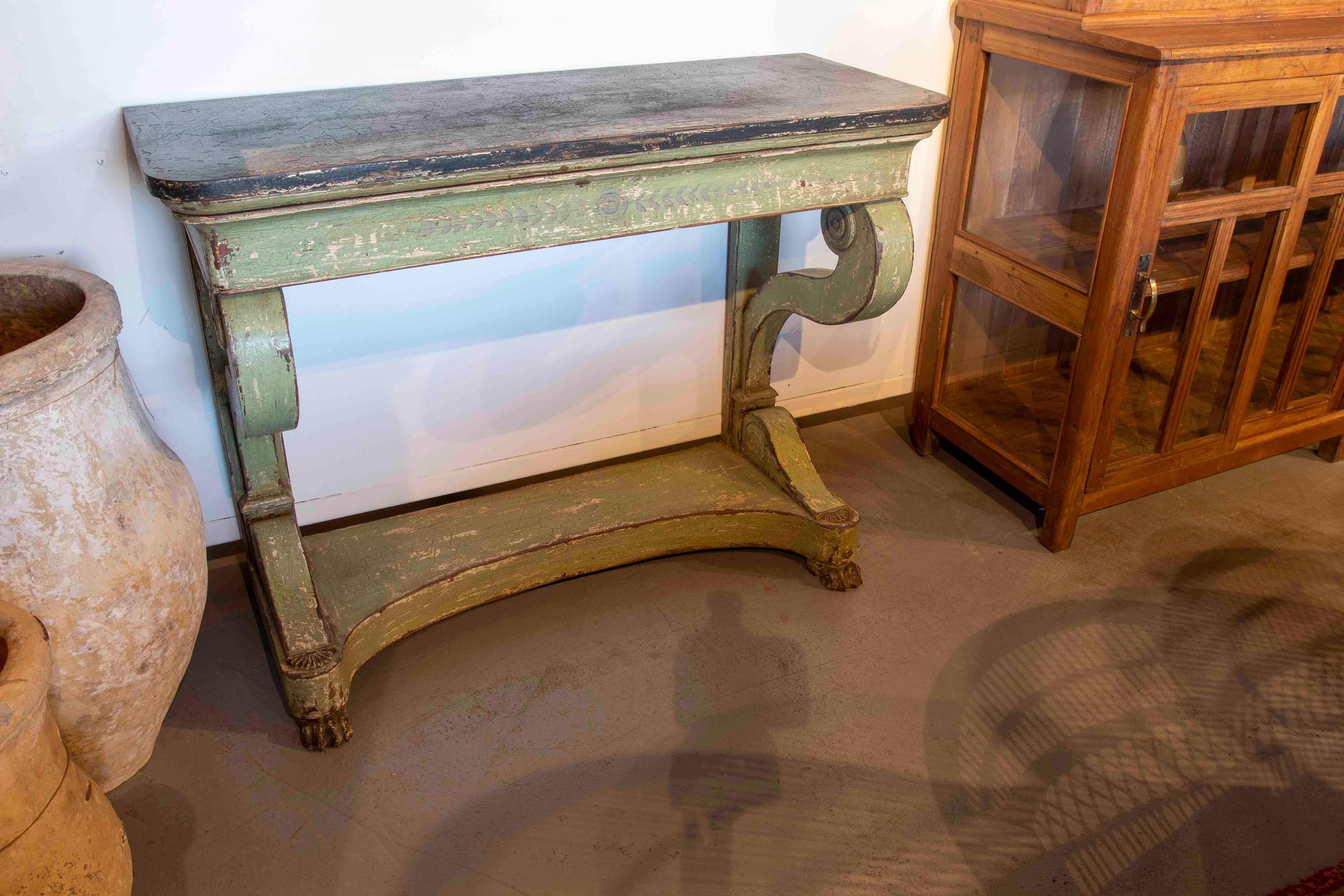 Pair of Polychromed Wooden Consoles in Green Tone with Claw Legs For Sale 5