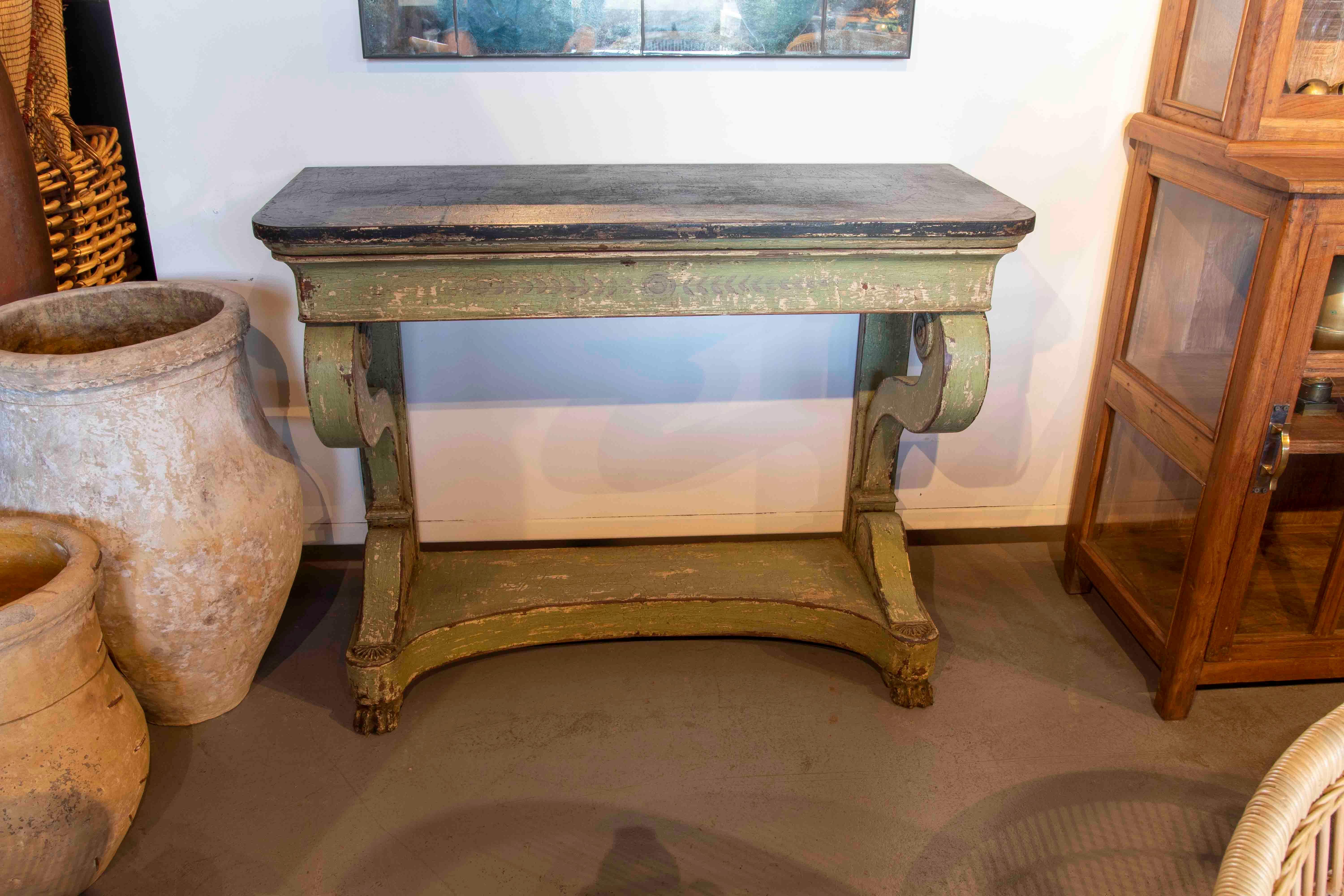 Pair of Polychromed Wooden Consoles in Green Tone with Claw Legs For Sale 6