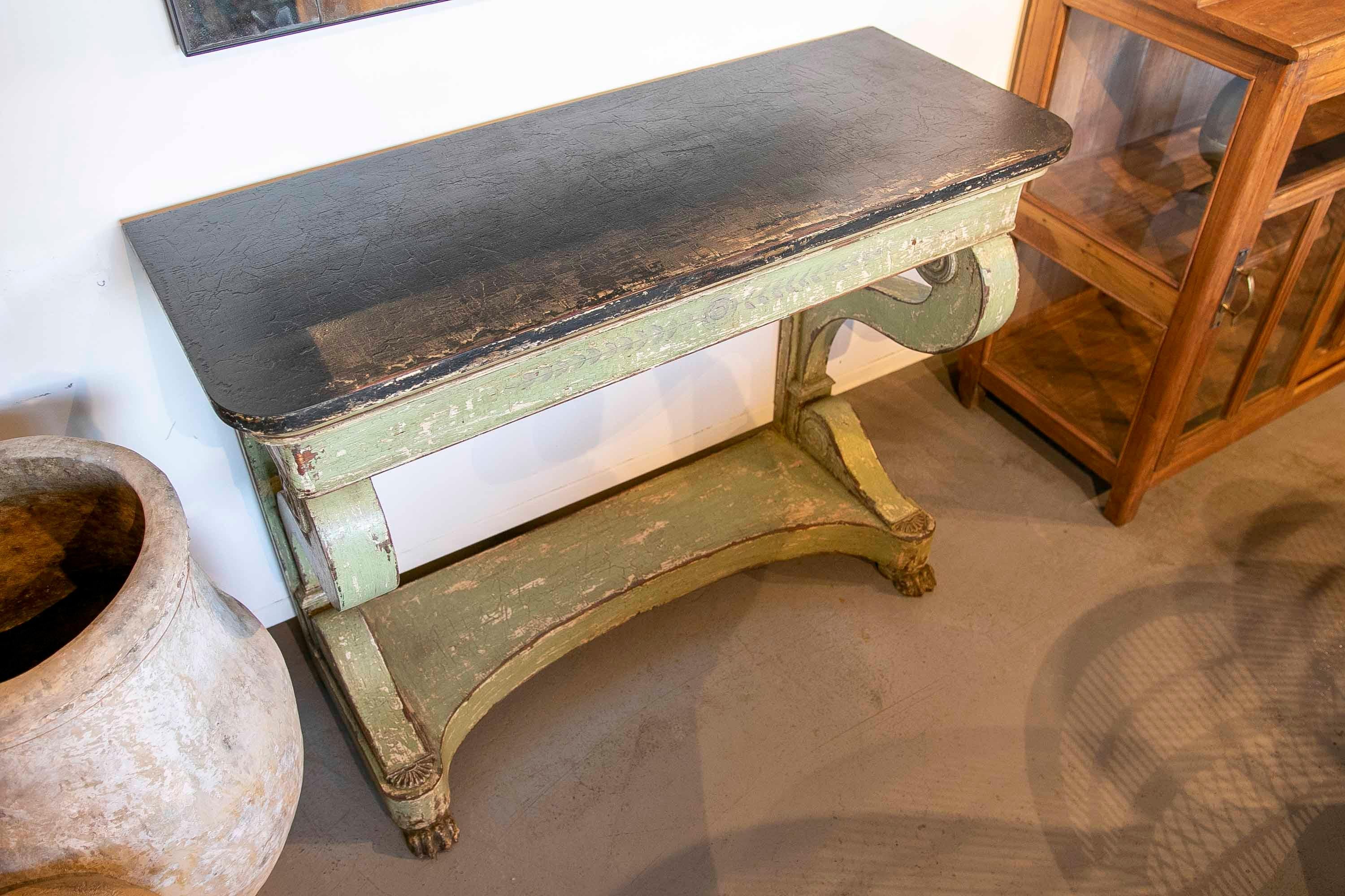 Pair of Polychromed Wooden Consoles in Green Tone with Claw Legs For Sale 14