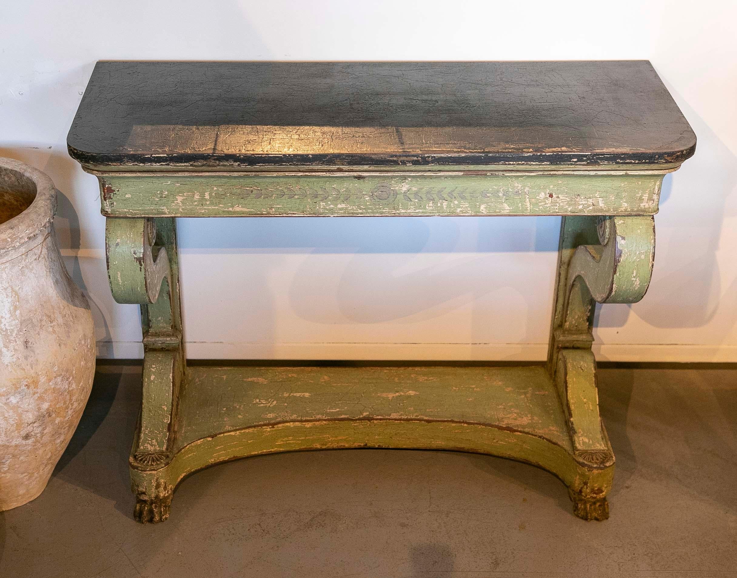 Pair of Polychromed Wooden Consoles in Green Tone with Claw Legs For Sale 15