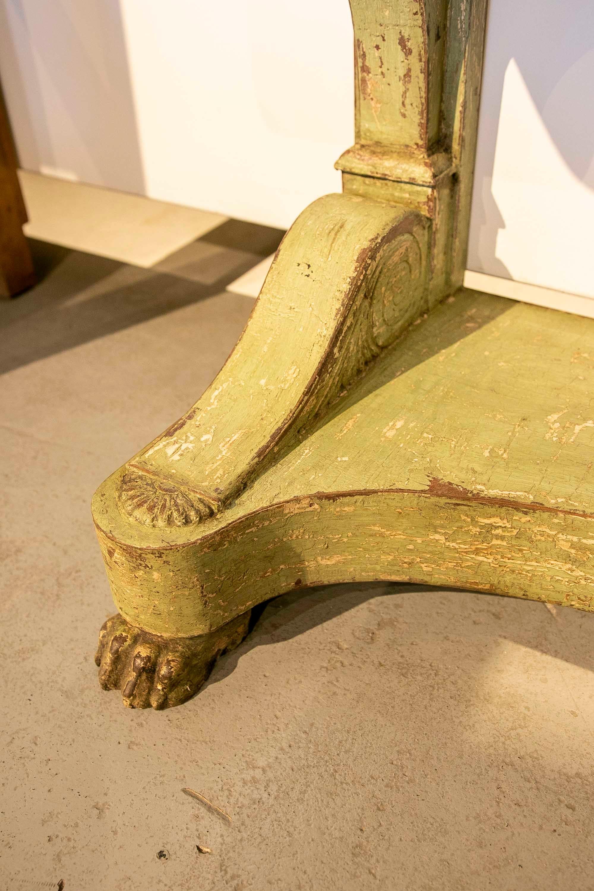 Pair of Polychromed Wooden Consoles in Green Tone with Claw Legs In Good Condition For Sale In Marbella, ES