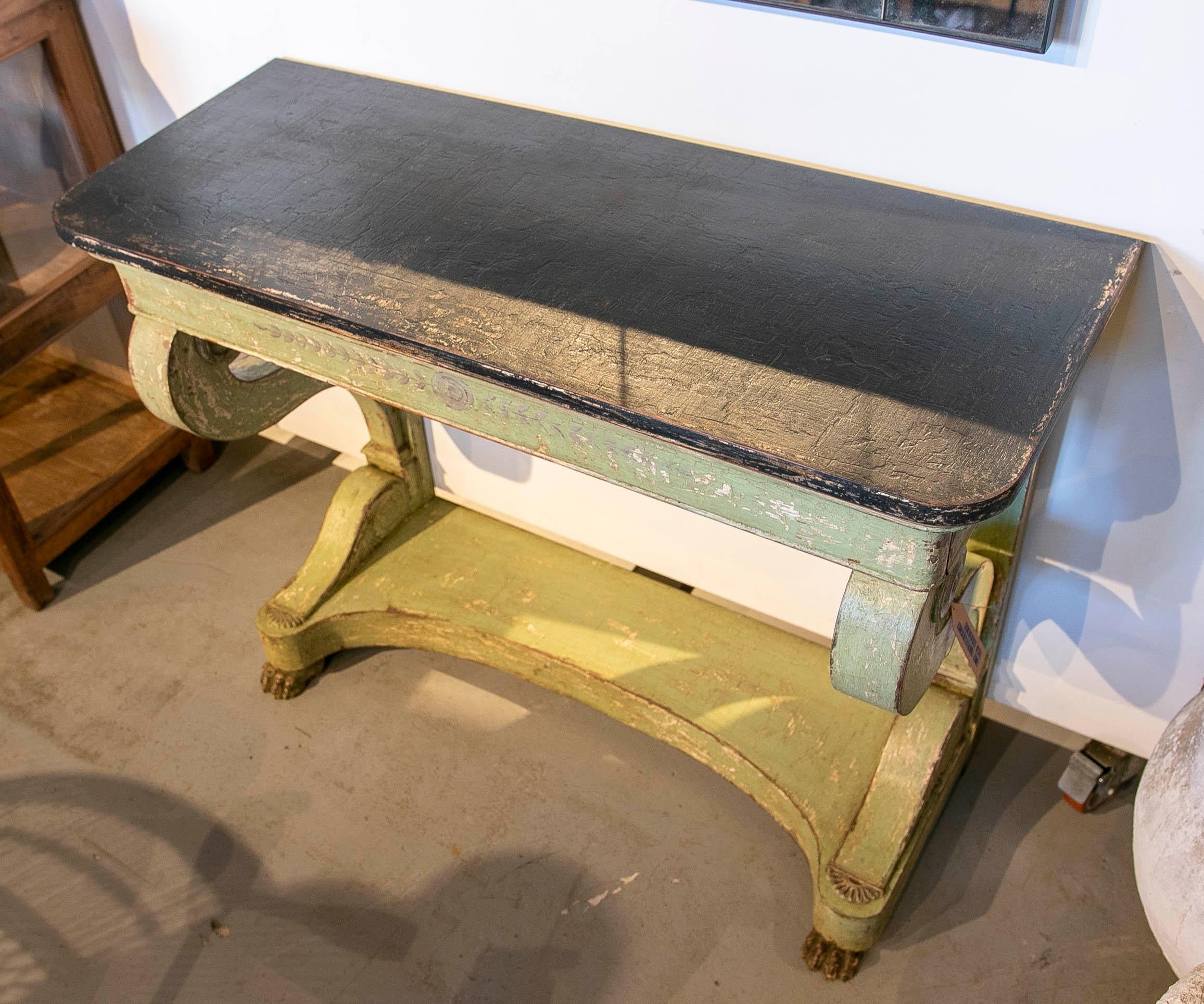 Pair of Polychromed Wooden Consoles in Green Tone with Claw Legs For Sale 2