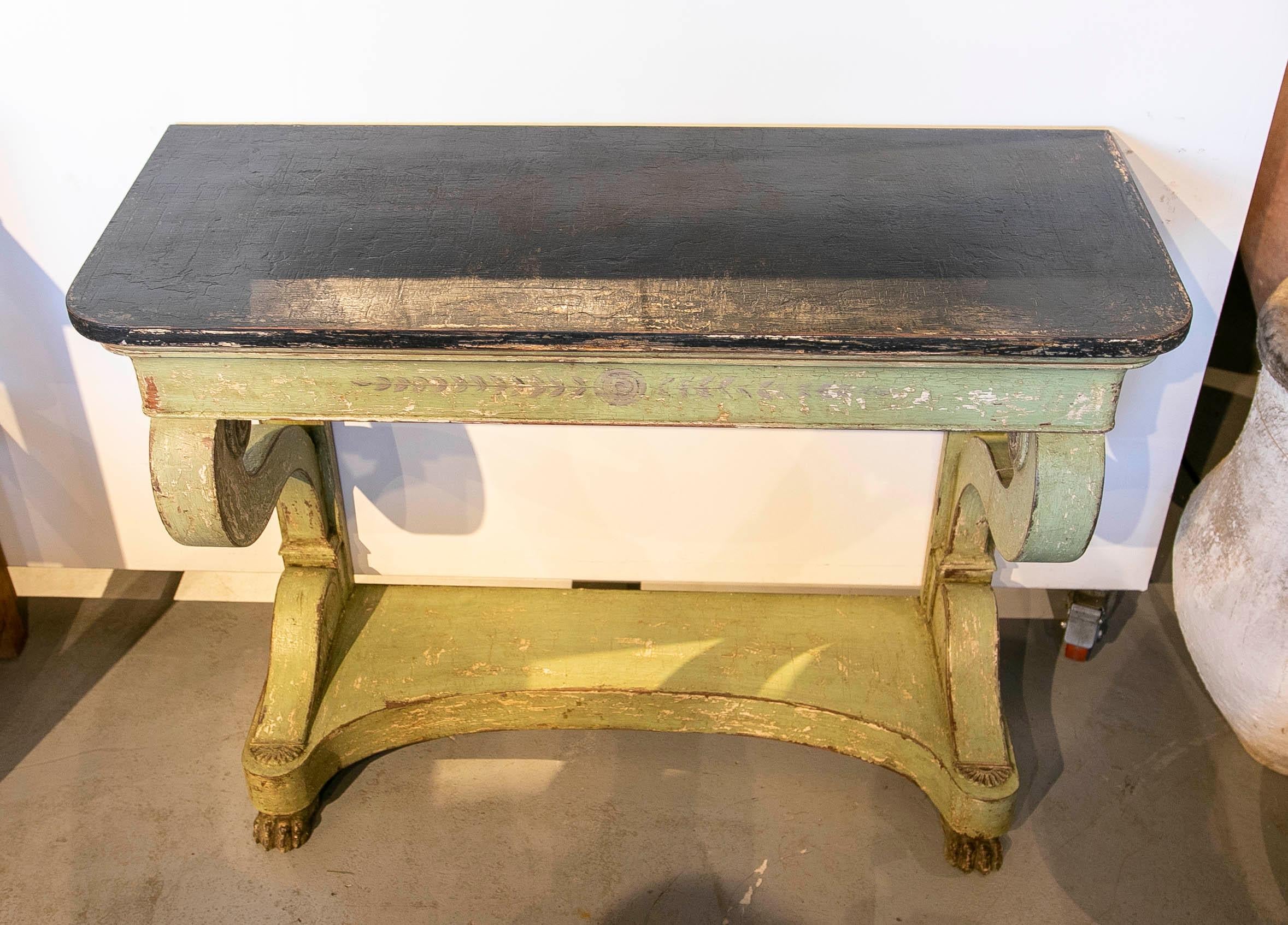 Pair of Polychromed Wooden Consoles in Green Tone with Claw Legs For Sale 3