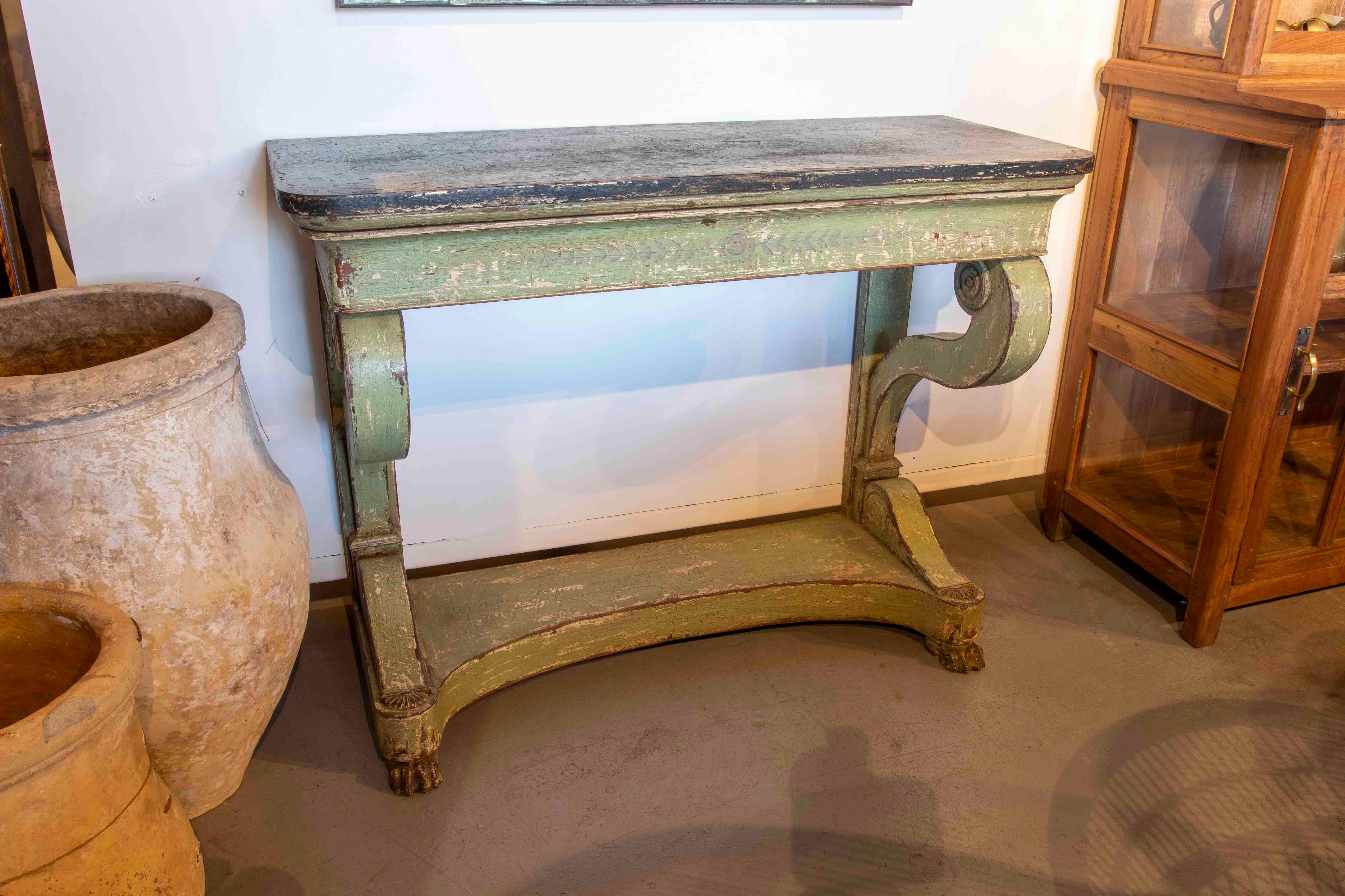 Pair of Polychromed Wooden Consoles in Green Tone with Claw Legs For Sale 4