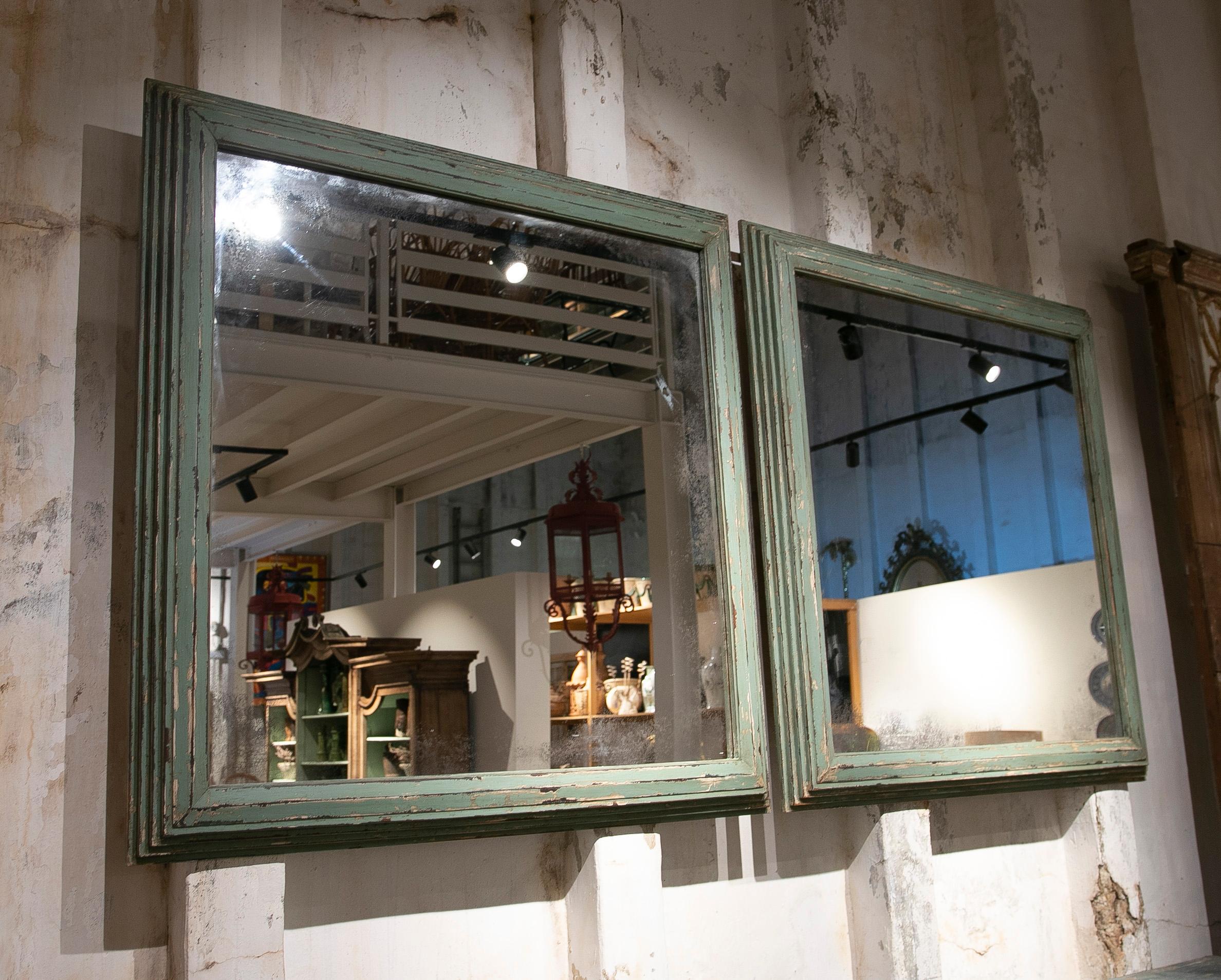 Pair of polychromed Wooden Mirrors in Antique Light Blue Tone In Good Condition In Marbella, ES