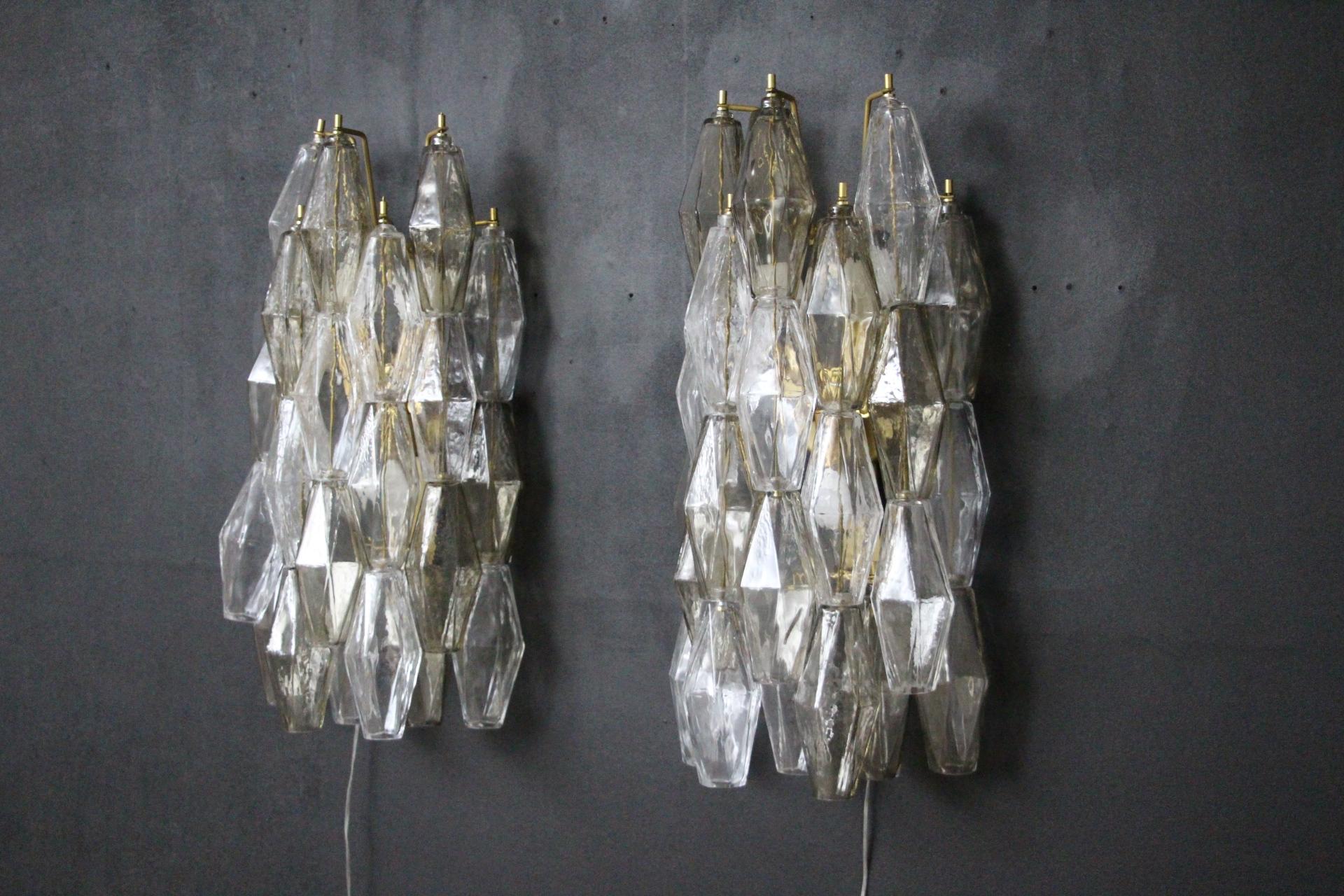Pair of Polyhedral Sconces in Clear and Smoked Murano Glass, Venini Style 5