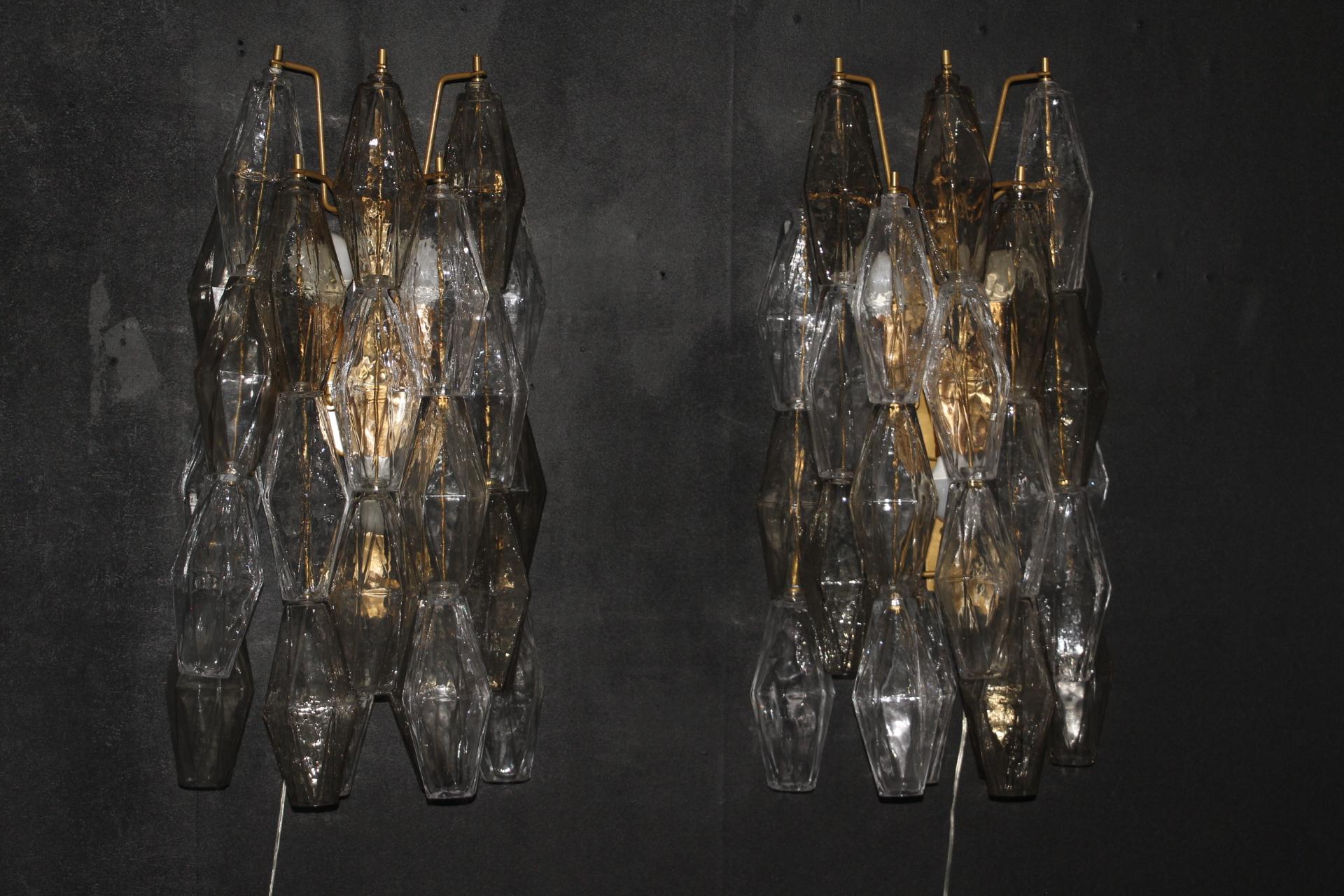 Pair of Polyhedral Sconces in Clear and Smoked Murano Glass, Venini Style 10