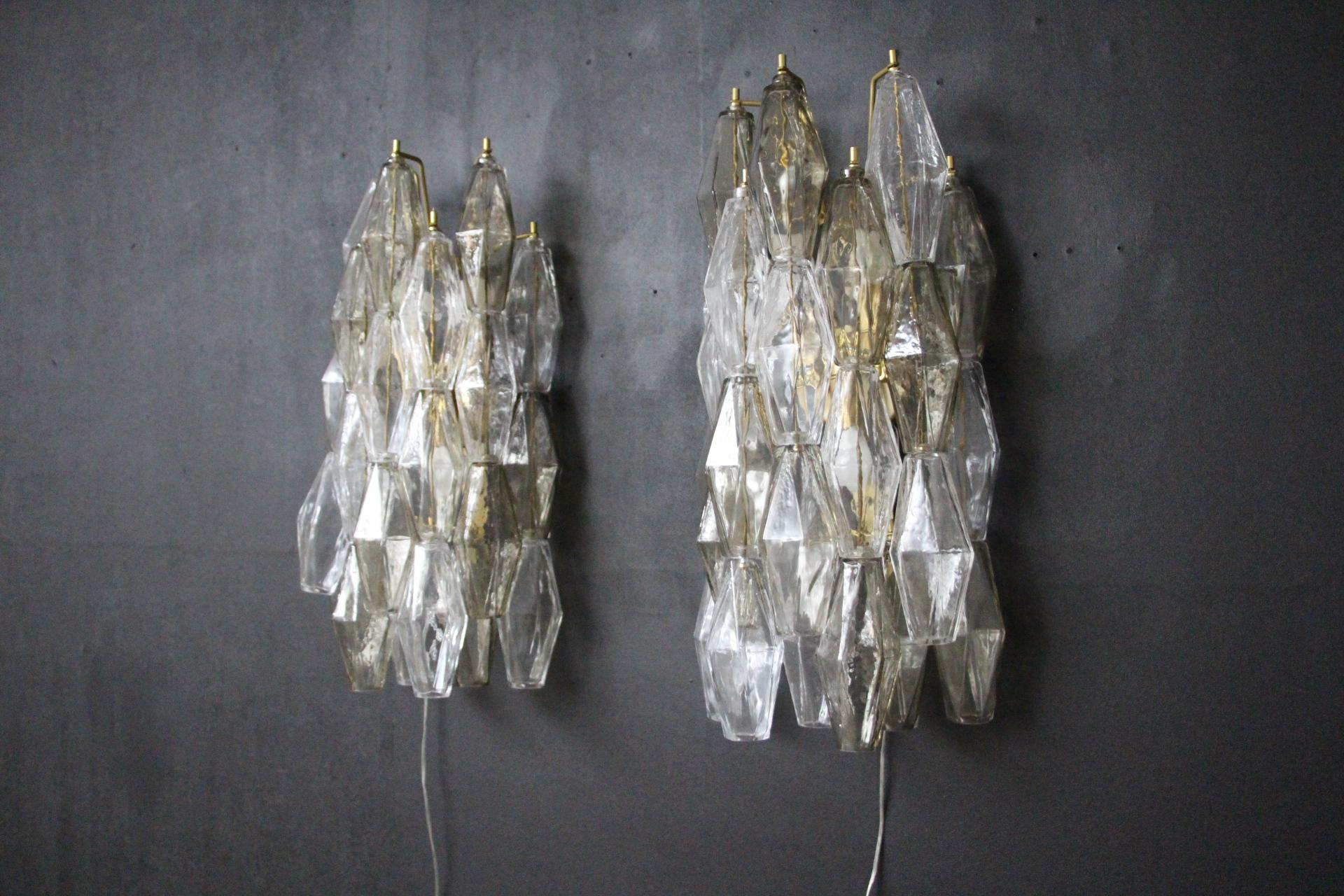 Mid-Century Modern Pair of Polyhedral Sconces in Clear and Smoked Murano Glass, Venini Style