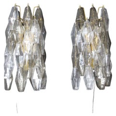 Pair of Polyhedral Sconces in Clear and Smoked Murano Glass, Venini Style