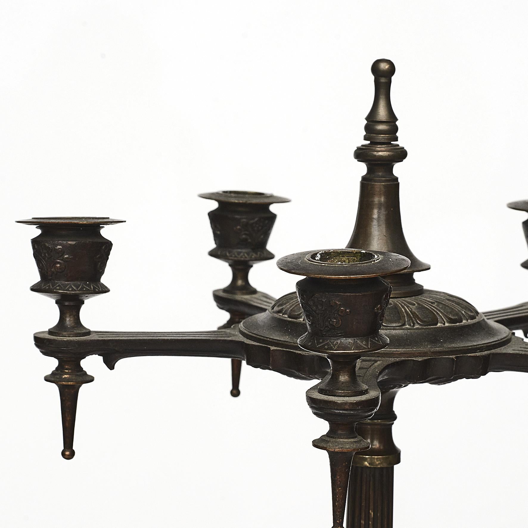 Grand Tour Pair of Pompeian Style Patinated Bronze Candelabras For Sale