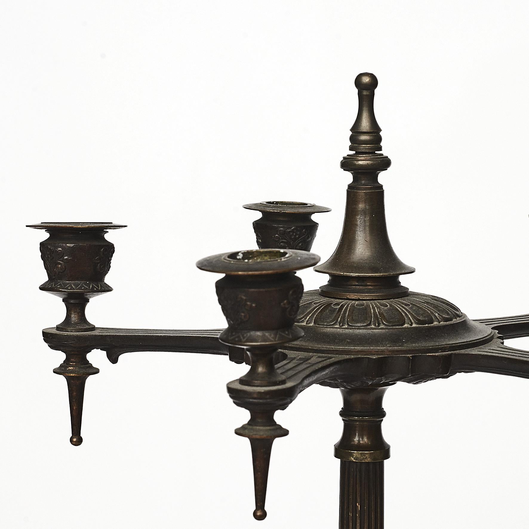 Italian Pair of Pompeian Style Patinated Bronze Candelabras For Sale