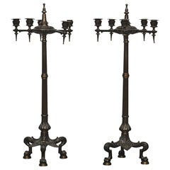 Pair of Pompeian Style Patinated Bronze Candelabras