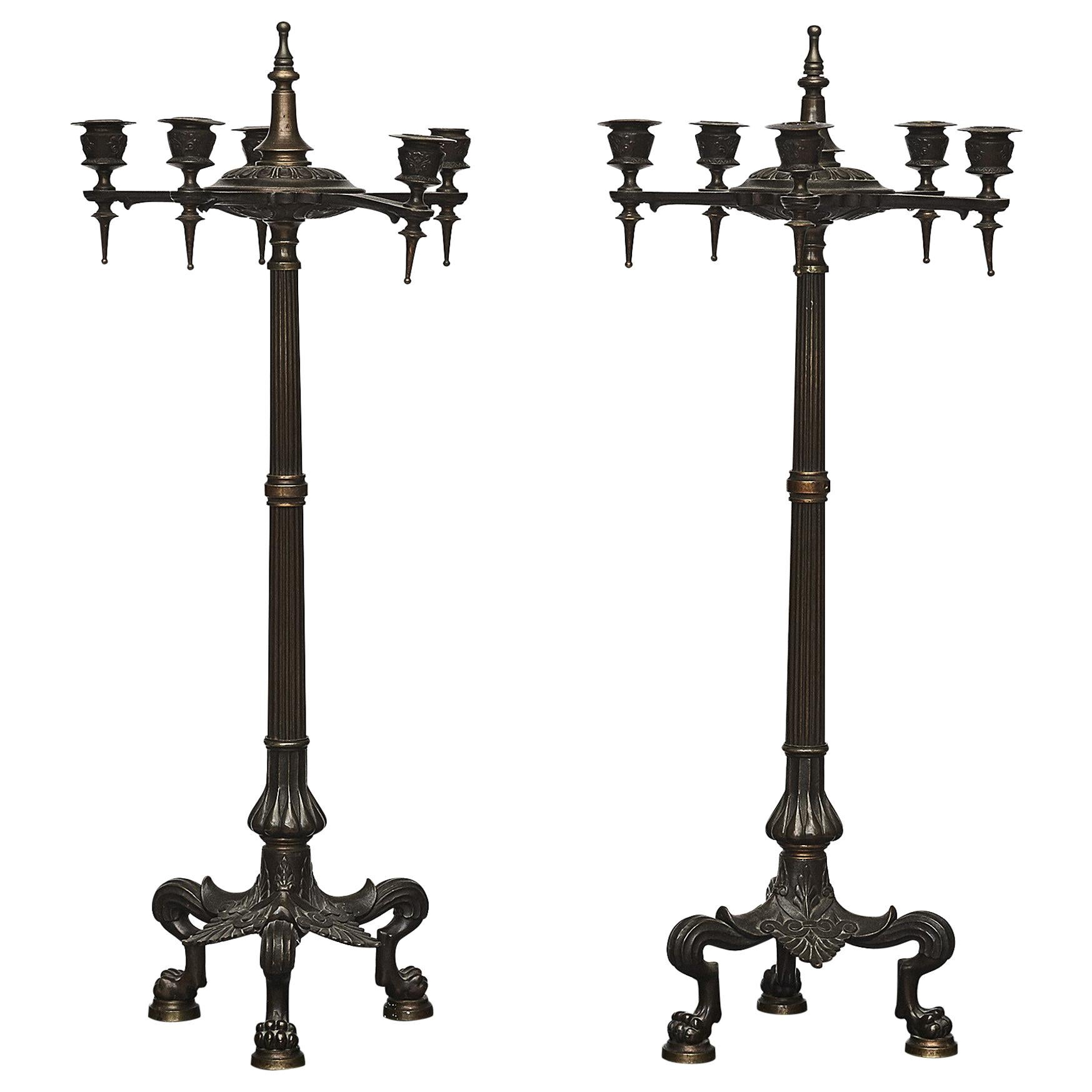 Pair of Pompeian Style Patinated Bronze Candelabras For Sale