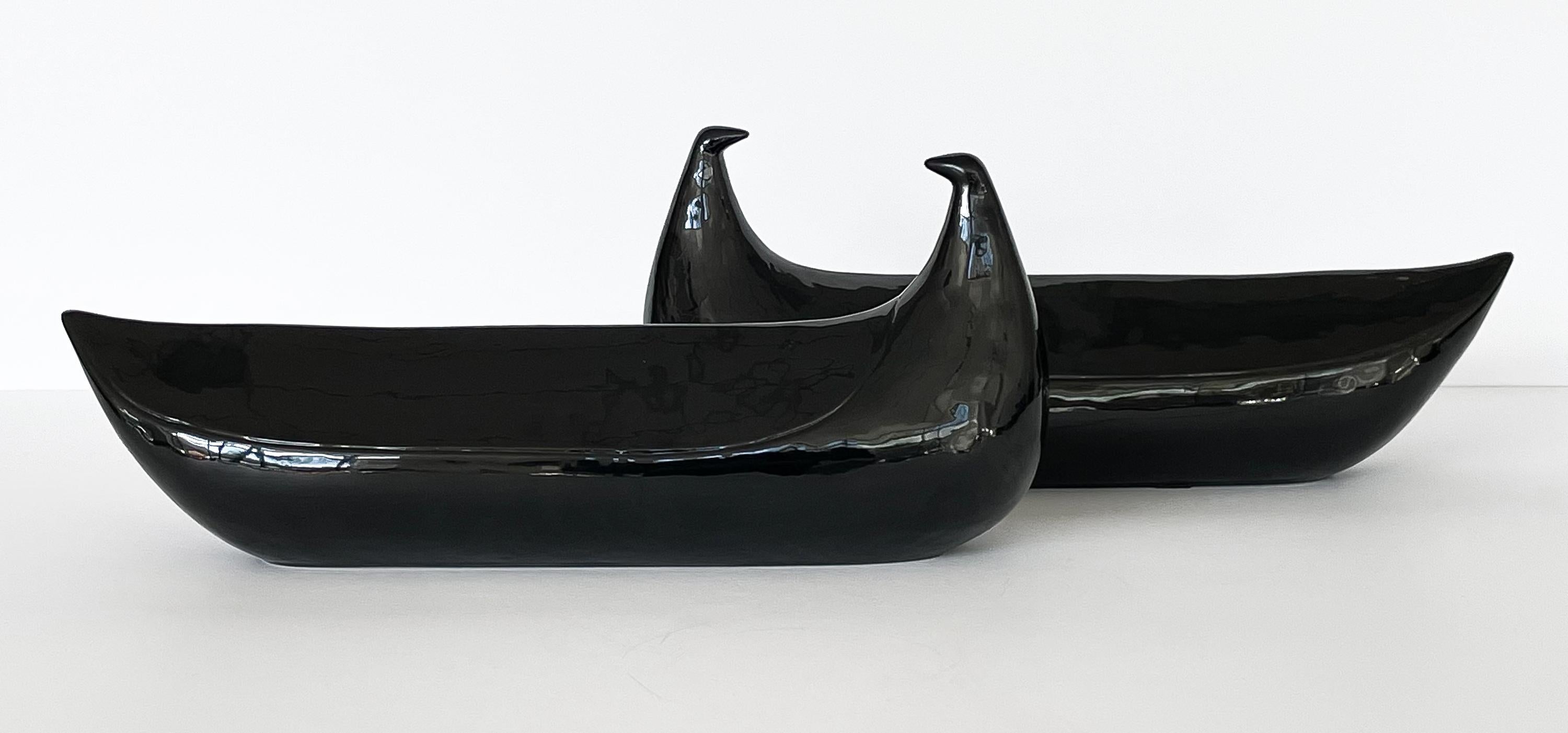 Pompeo Pianezolla large black ceramic dove sculptures for Zanolli & Sebellin Nove, Italy circa 1960s. Abstract dove-shaped sculptures in gloss glazed black ceramic. Minimalist and modern in form. Each sculpture is signed by the artist. P.
